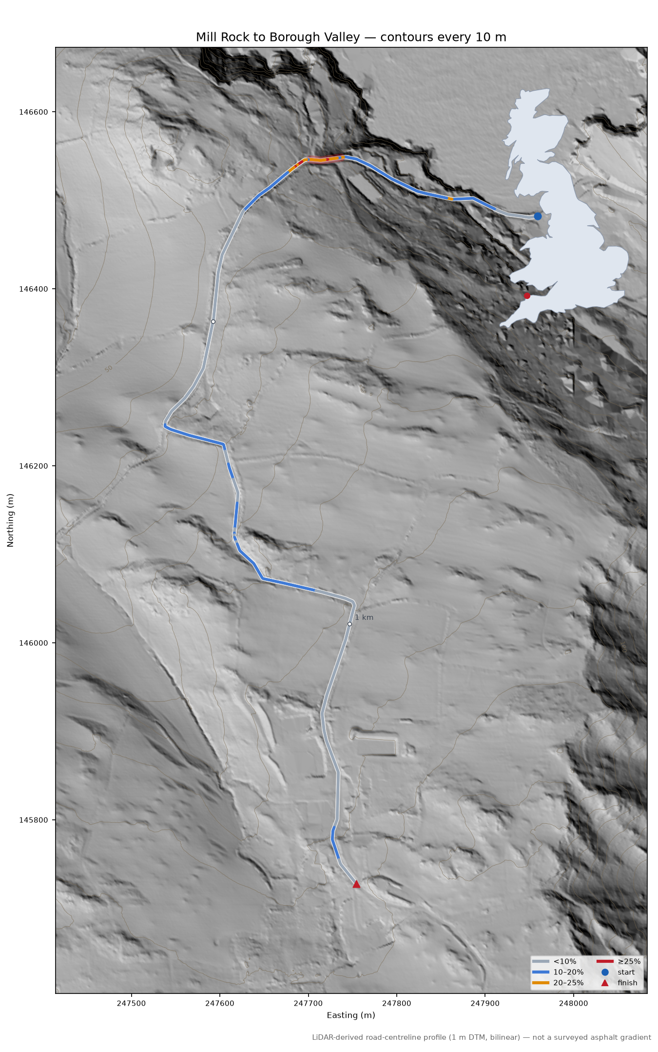 Mill Rock to Borough Valley LiDAR hillshade map with contours