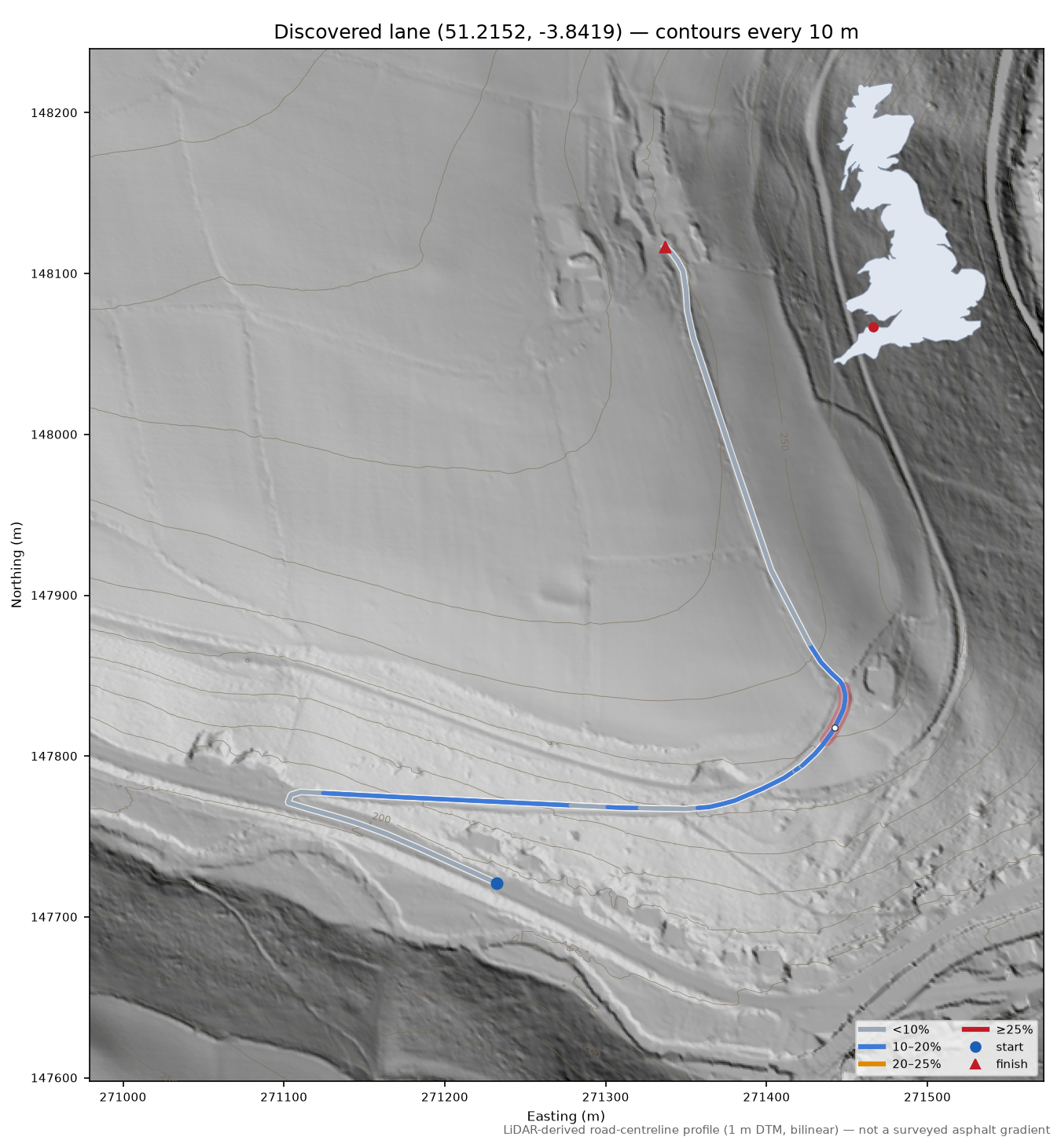 Discovered lane (51.2152, -3.8419) LiDAR hillshade map with contours