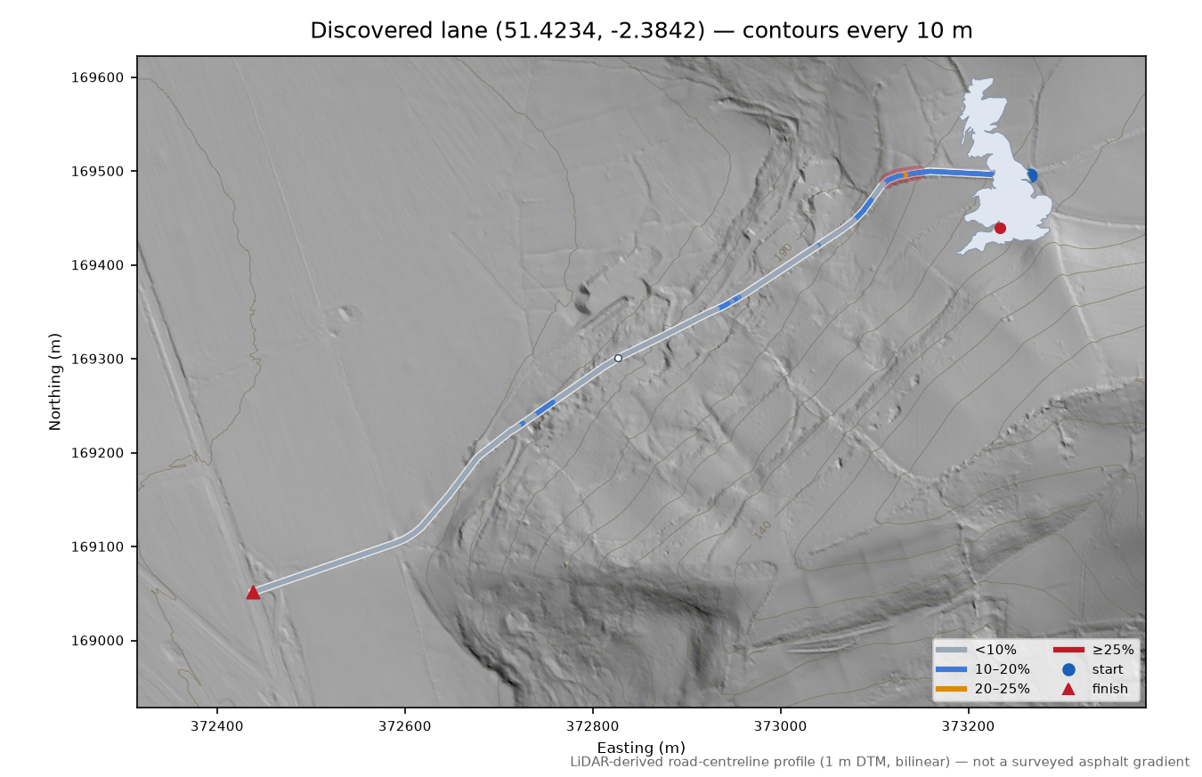Discovered lane (51.4234, -2.3842) LiDAR hillshade map with contours