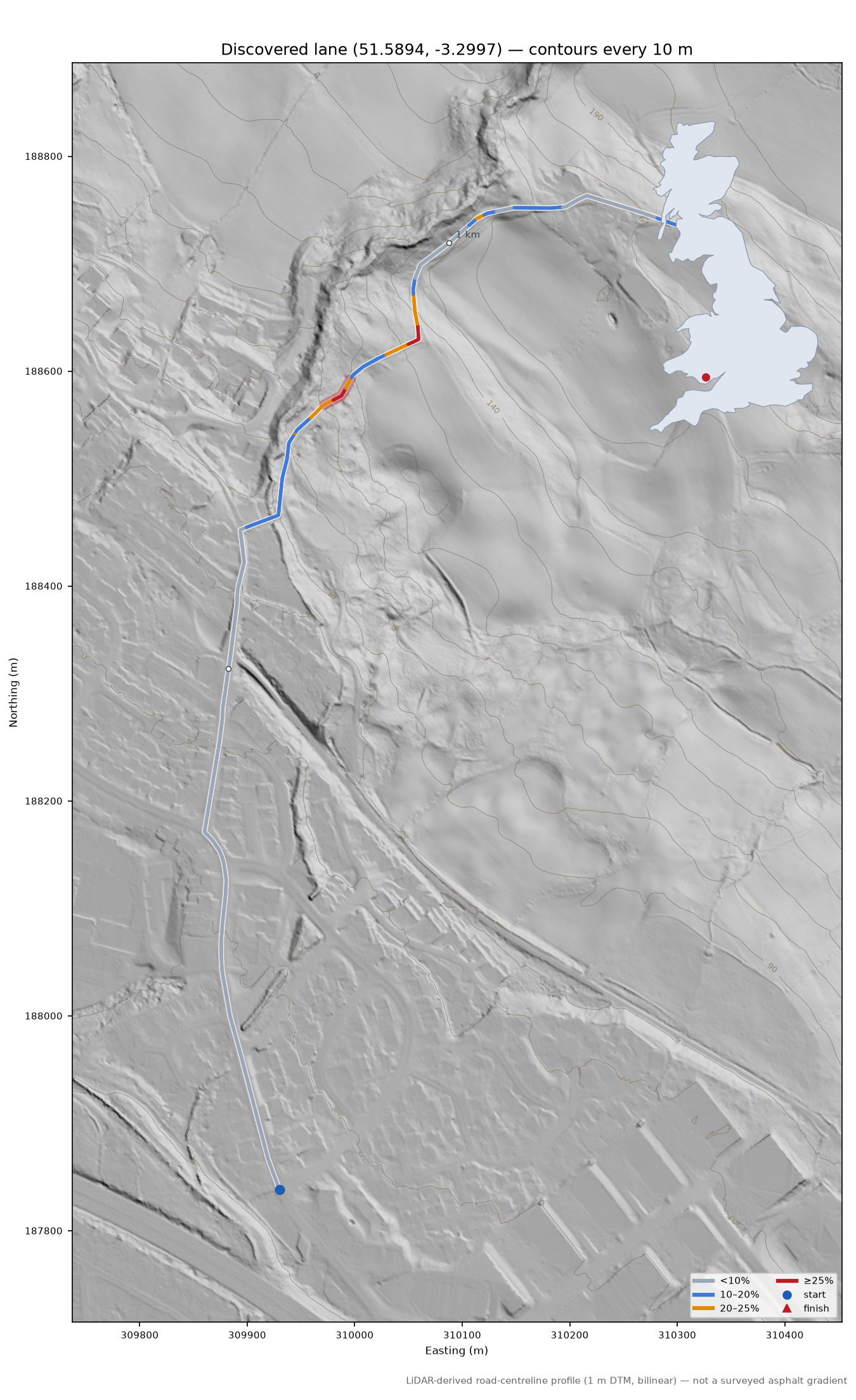 Discovered lane (51.5894, -3.2997) LiDAR hillshade map with contours