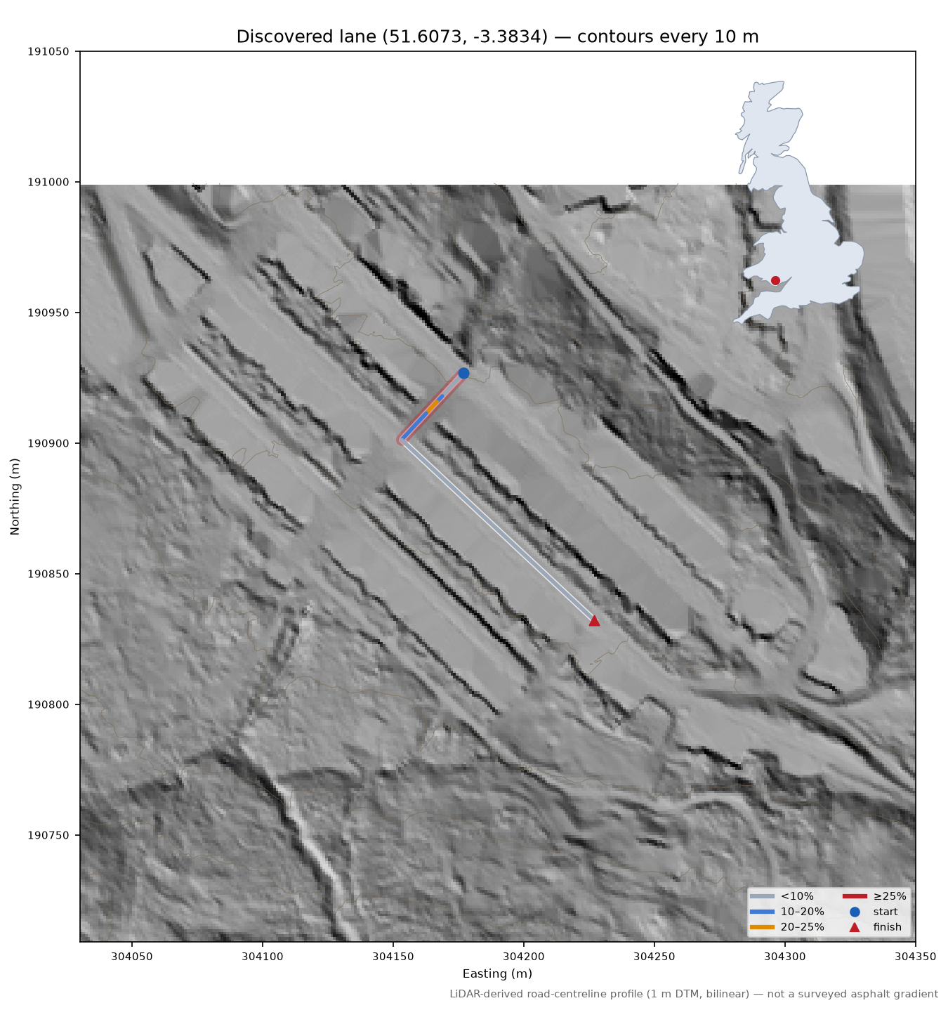 Discovered lane (51.6073, -3.3834) LiDAR hillshade map with contours