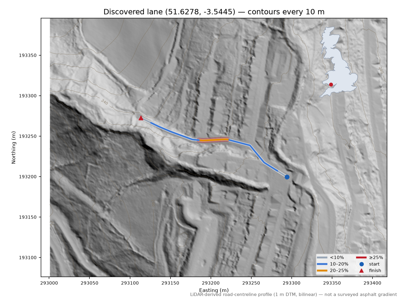 Discovered lane (51.6278, -3.5445) LiDAR hillshade map with contours