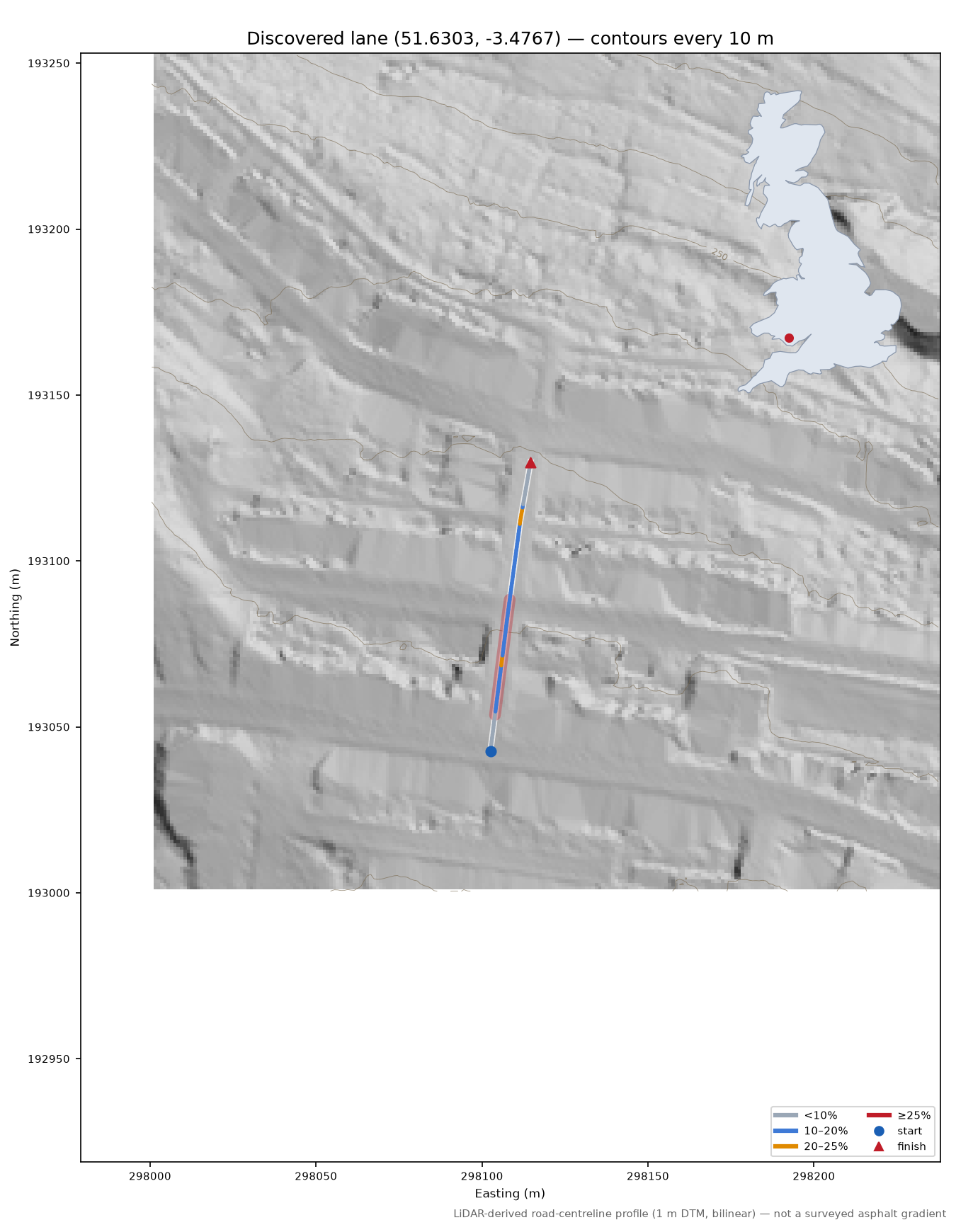 Discovered lane (51.6303, -3.4767) LiDAR hillshade map with contours
