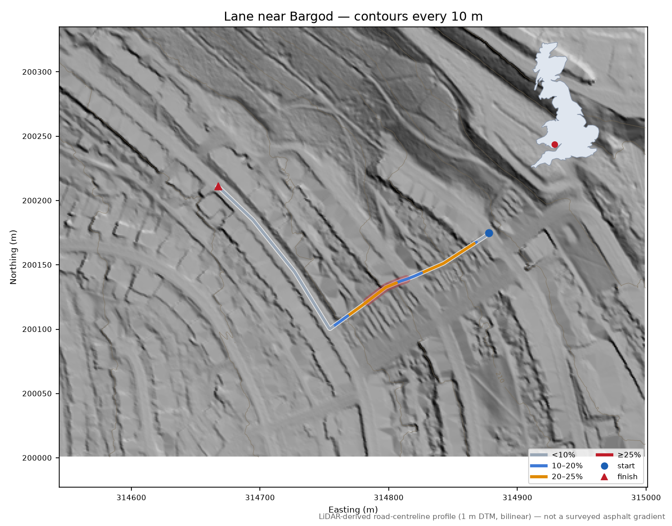 Lane near Bargod LiDAR hillshade map with contours