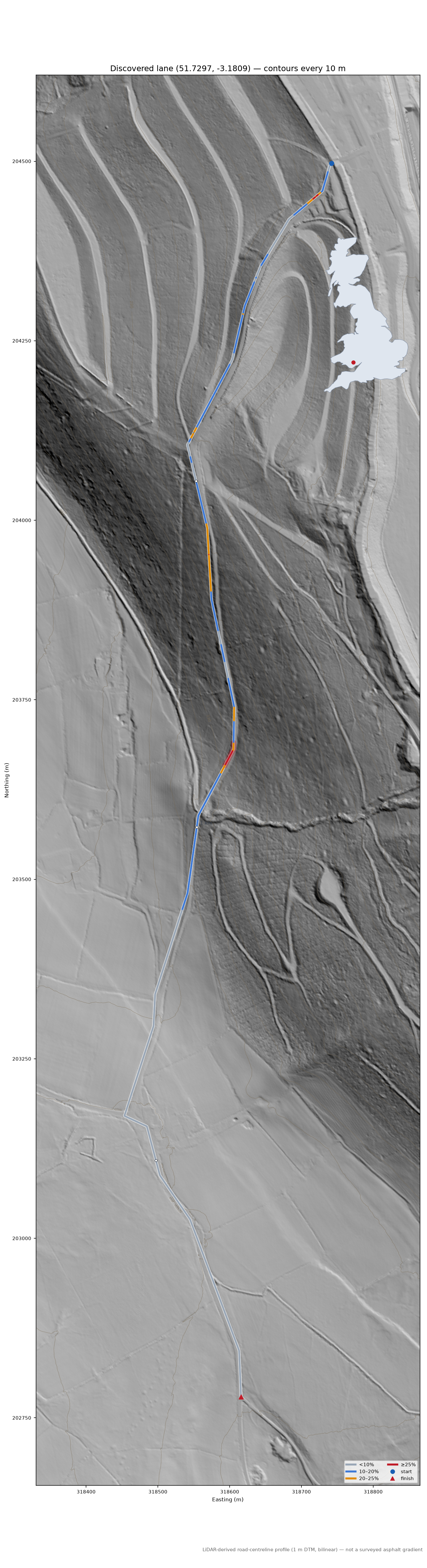 Discovered lane (51.7297, -3.1809) LiDAR hillshade map with contours