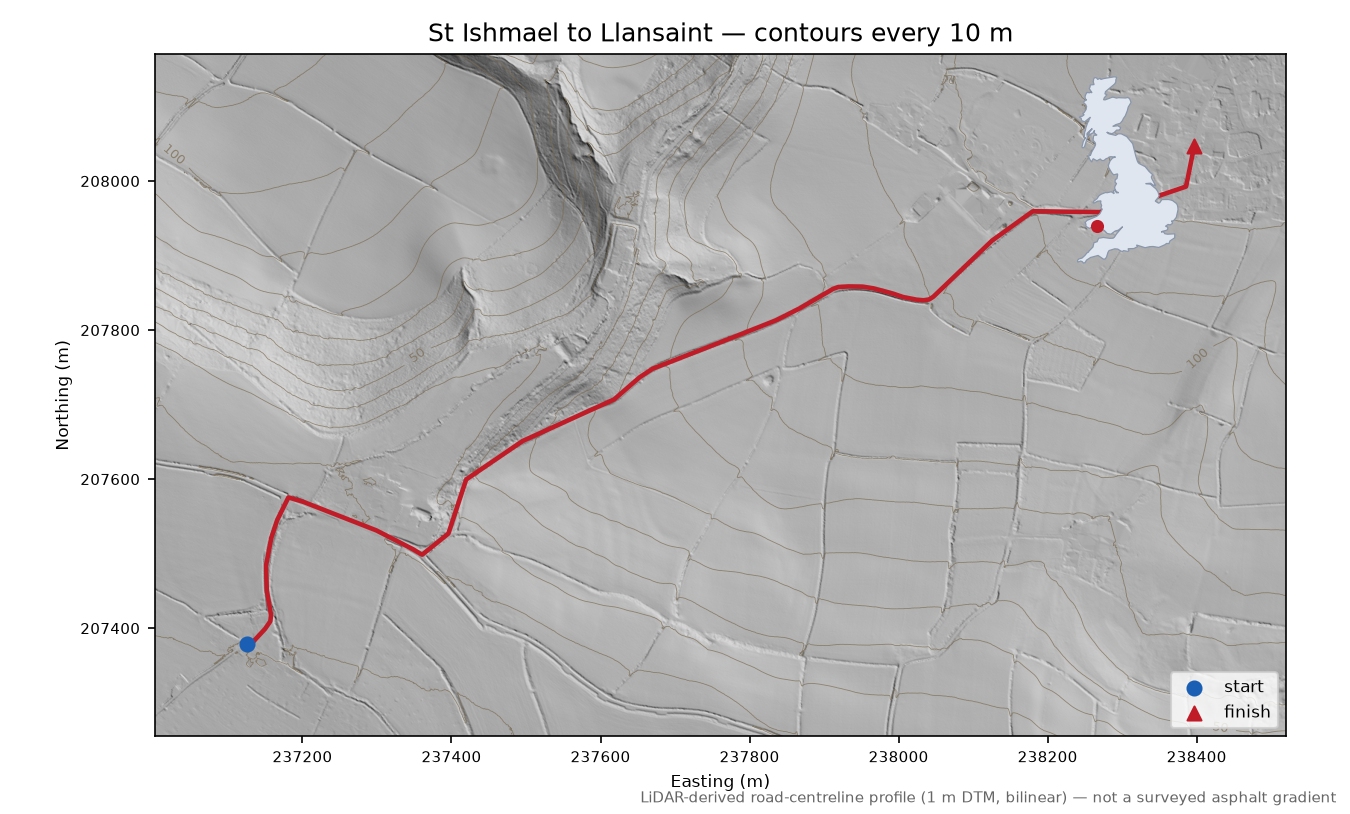 St Ishmael to Llansaint LiDAR hillshade map with contours