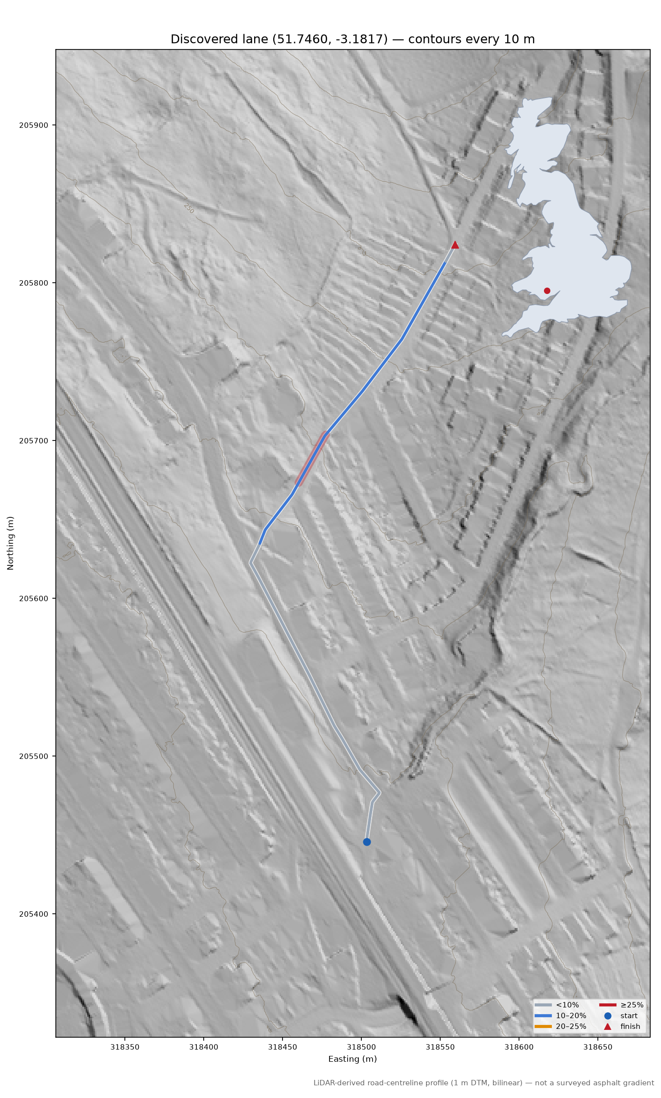 Discovered lane (51.7460, -3.1817) LiDAR hillshade map with contours