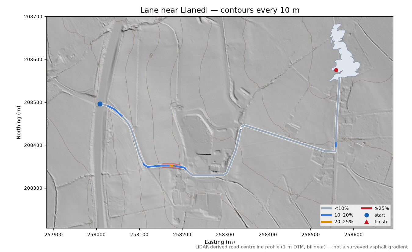 Lane near Llanedi LiDAR hillshade map with contours