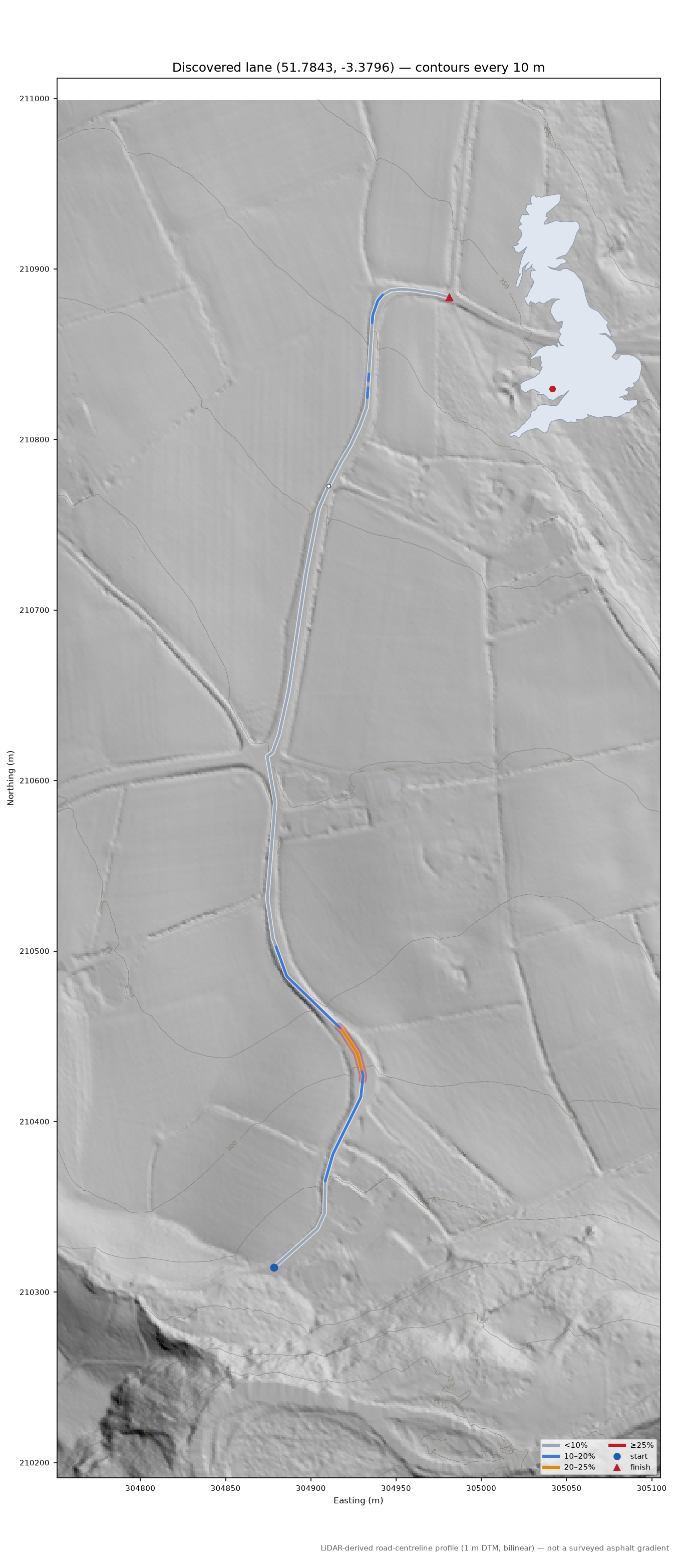 Discovered lane (51.7843, -3.3796) LiDAR hillshade map with contours