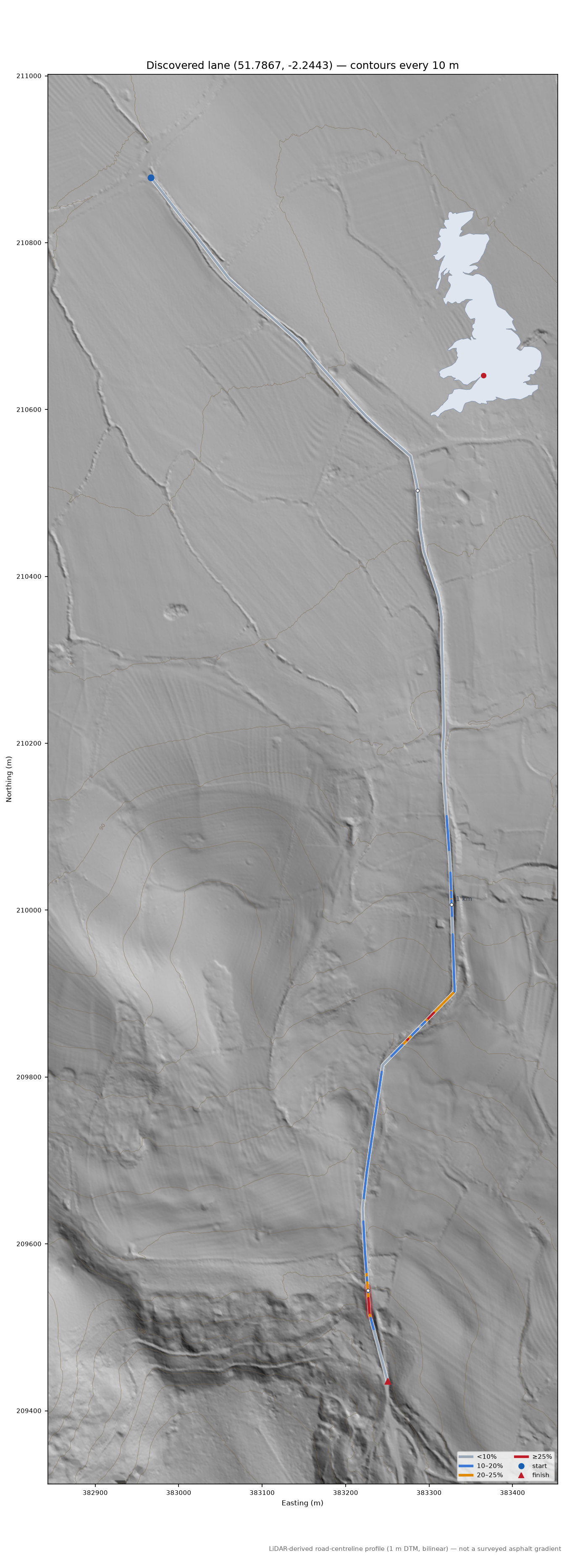 Discovered lane (51.7867, -2.2443) LiDAR hillshade map with contours