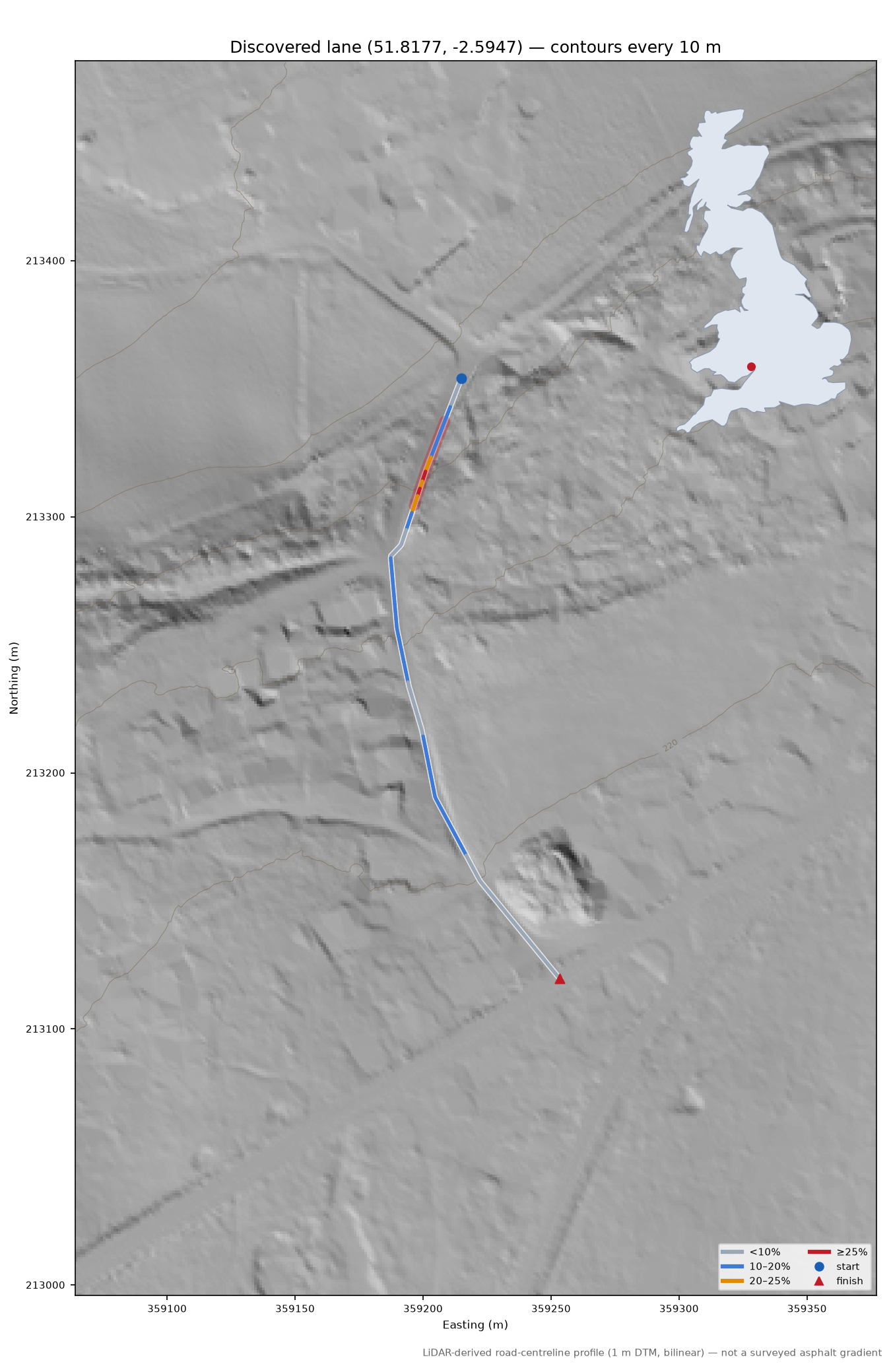 Discovered lane (51.8177, -2.5947) LiDAR hillshade map with contours