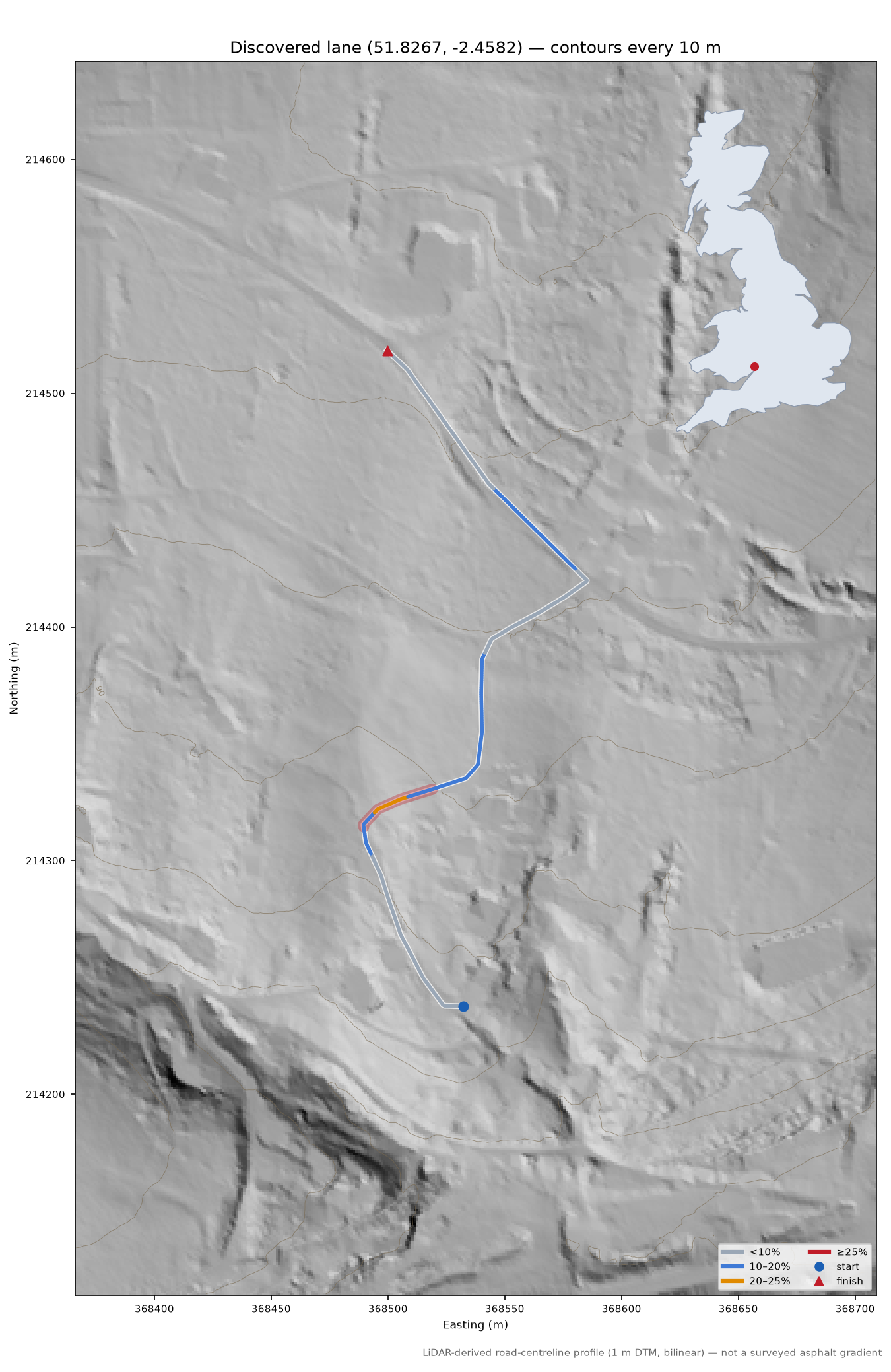 Discovered lane (51.8267, -2.4582) LiDAR hillshade map with contours