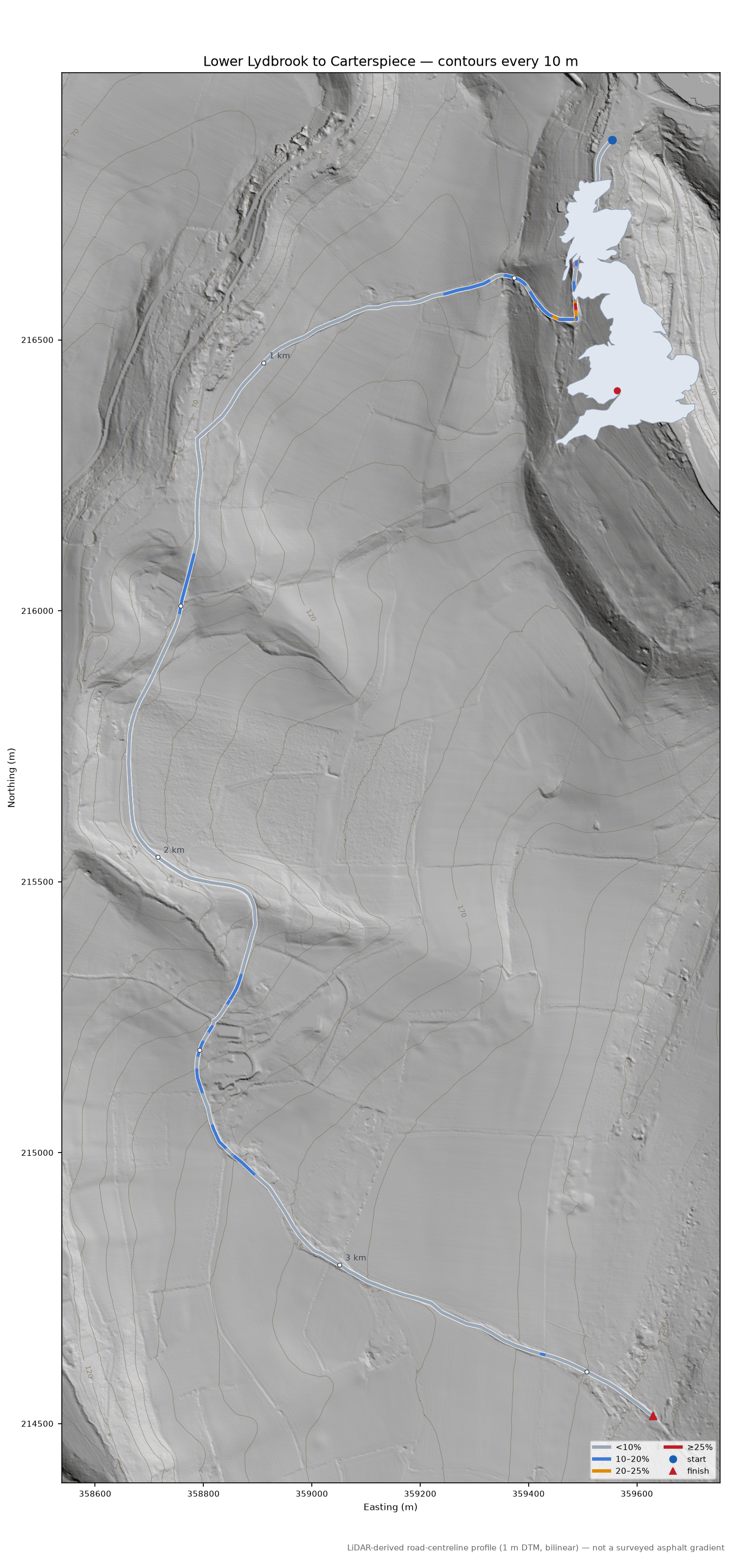 Lower Lydbrook to Carterspiece LiDAR hillshade map with contours