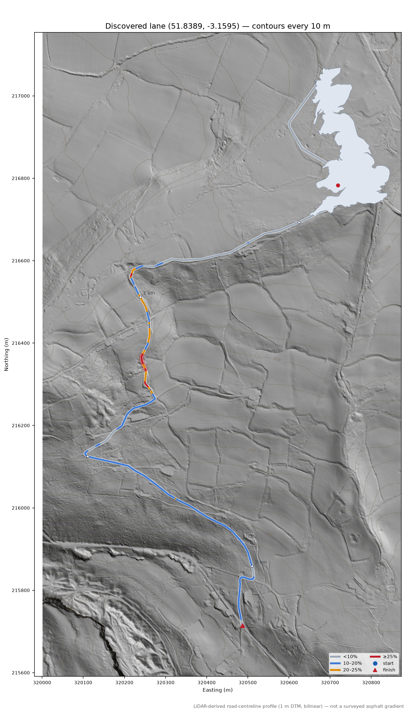 Discovered lane (51.8389, -3.1595) LiDAR hillshade map with contours