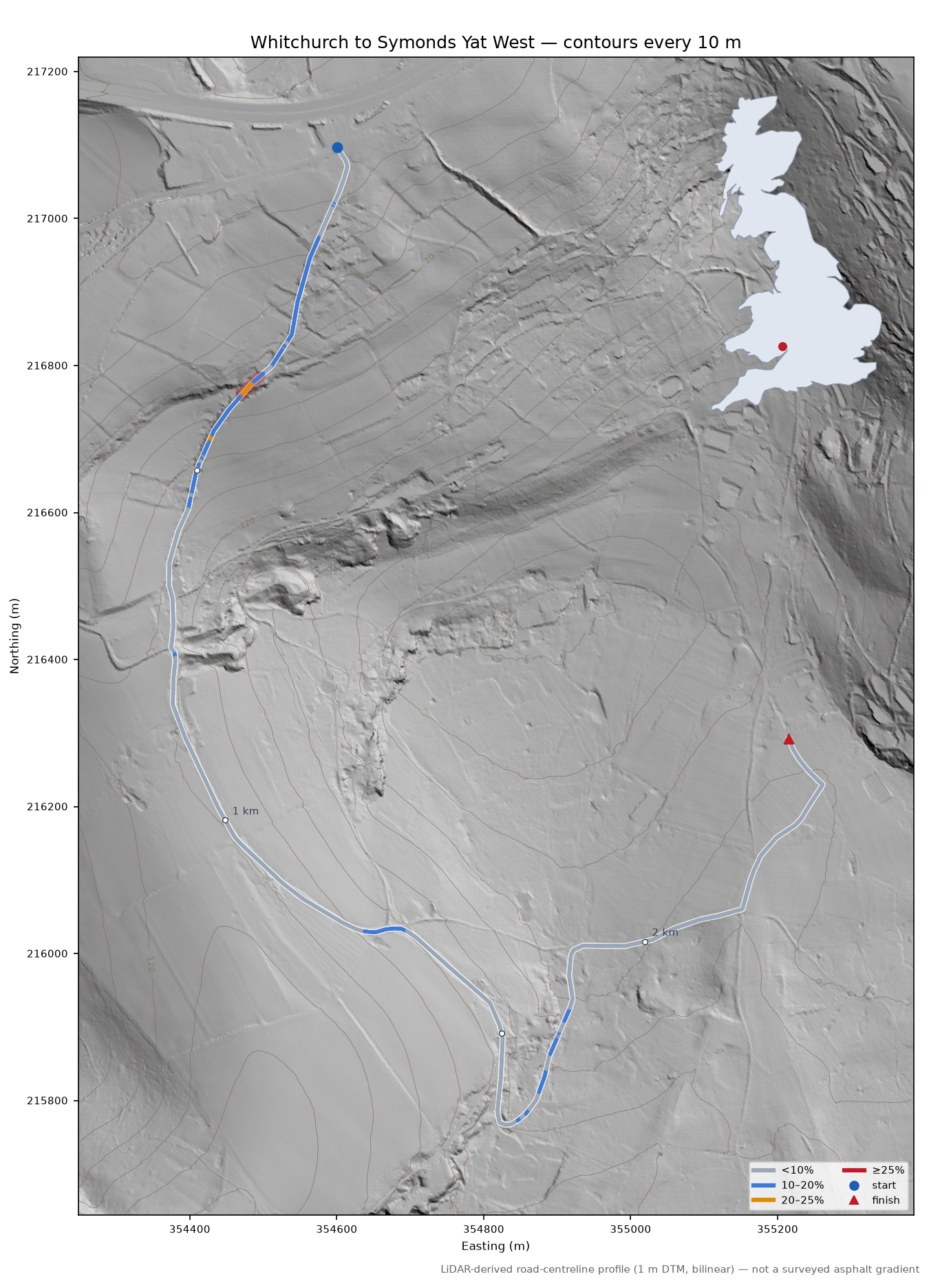 Whitchurch to Symonds Yat West LiDAR hillshade map with contours