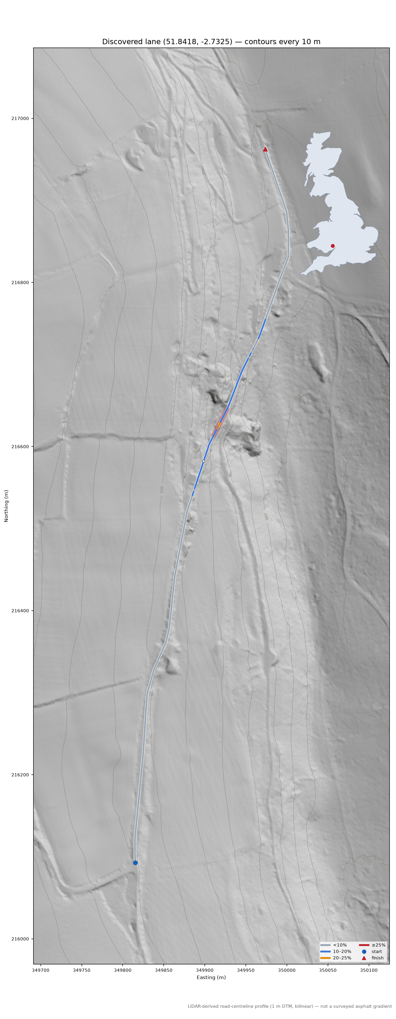Discovered lane (51.8418, -2.7325) LiDAR hillshade map with contours