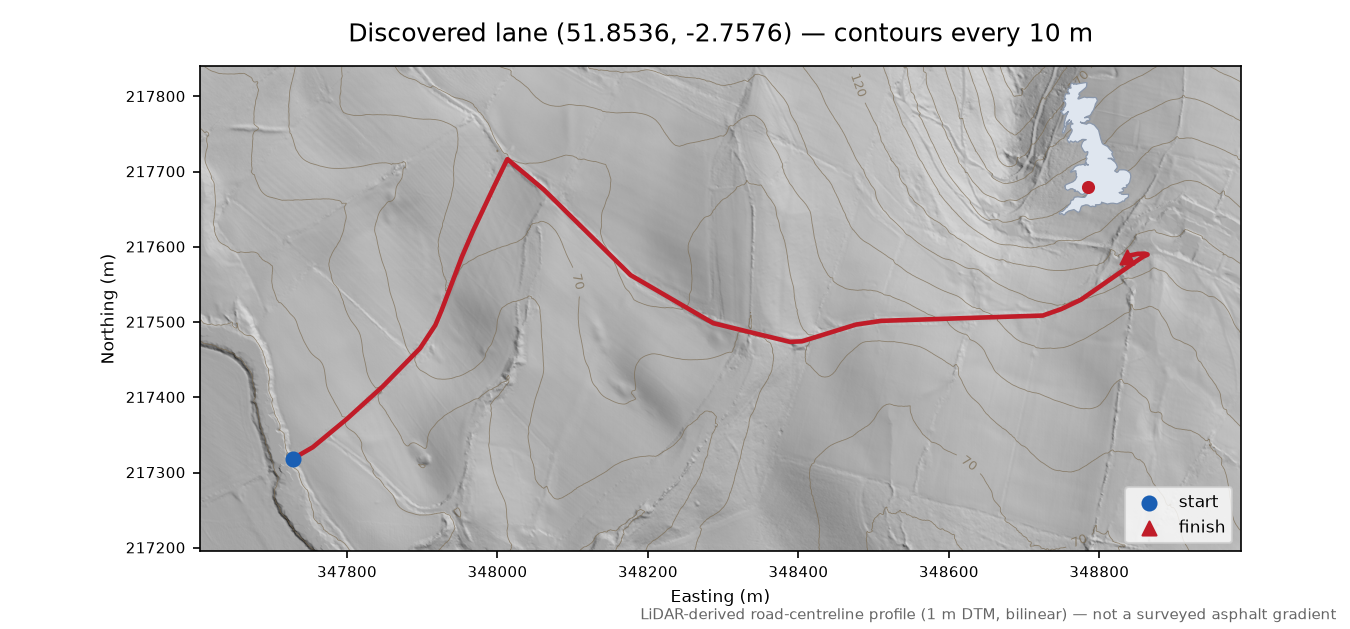 Discovered lane (51.8536, -2.7576) LiDAR hillshade map with contours