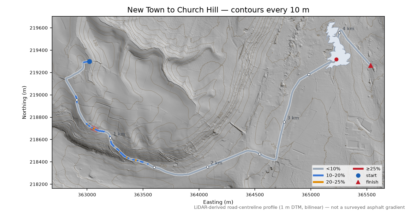 New Town to Church Hill LiDAR hillshade map with contours