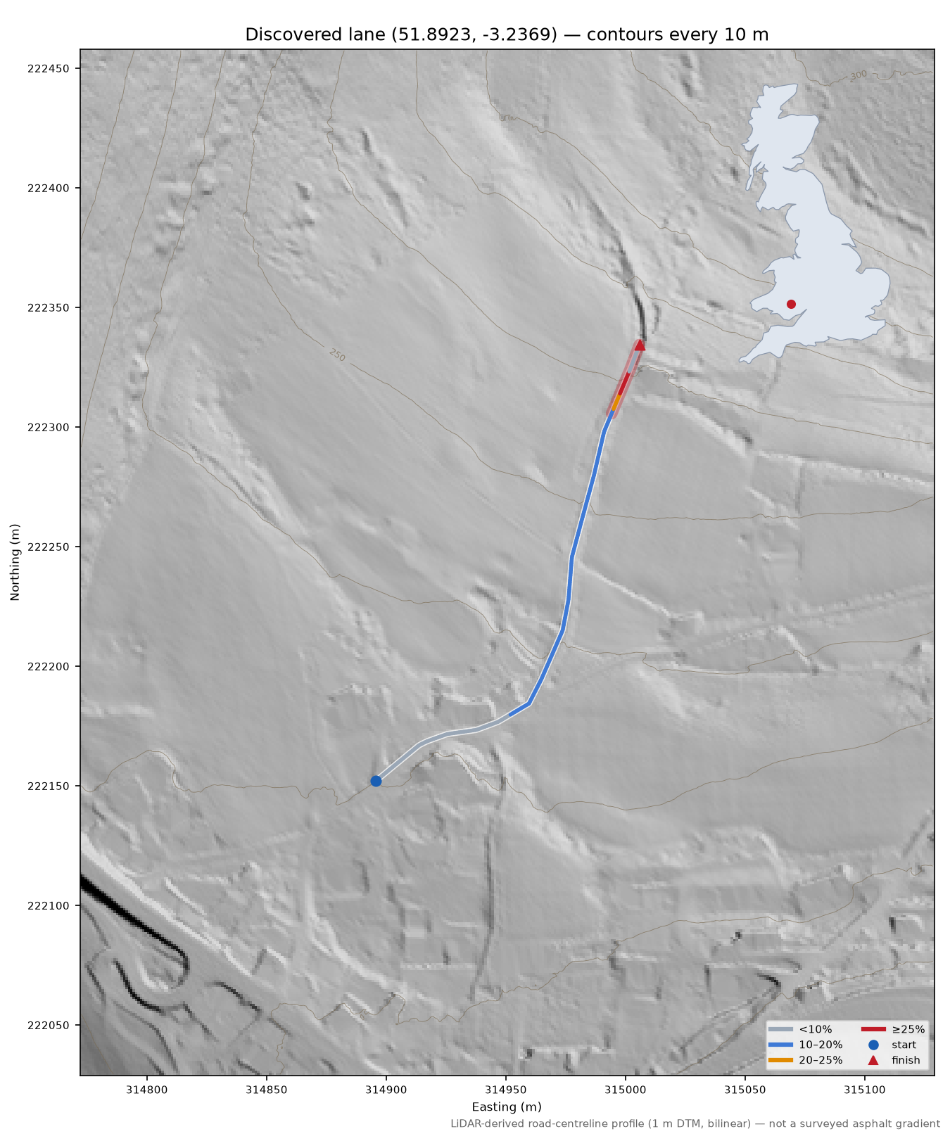 Discovered lane (51.8923, -3.2369) LiDAR hillshade map with contours