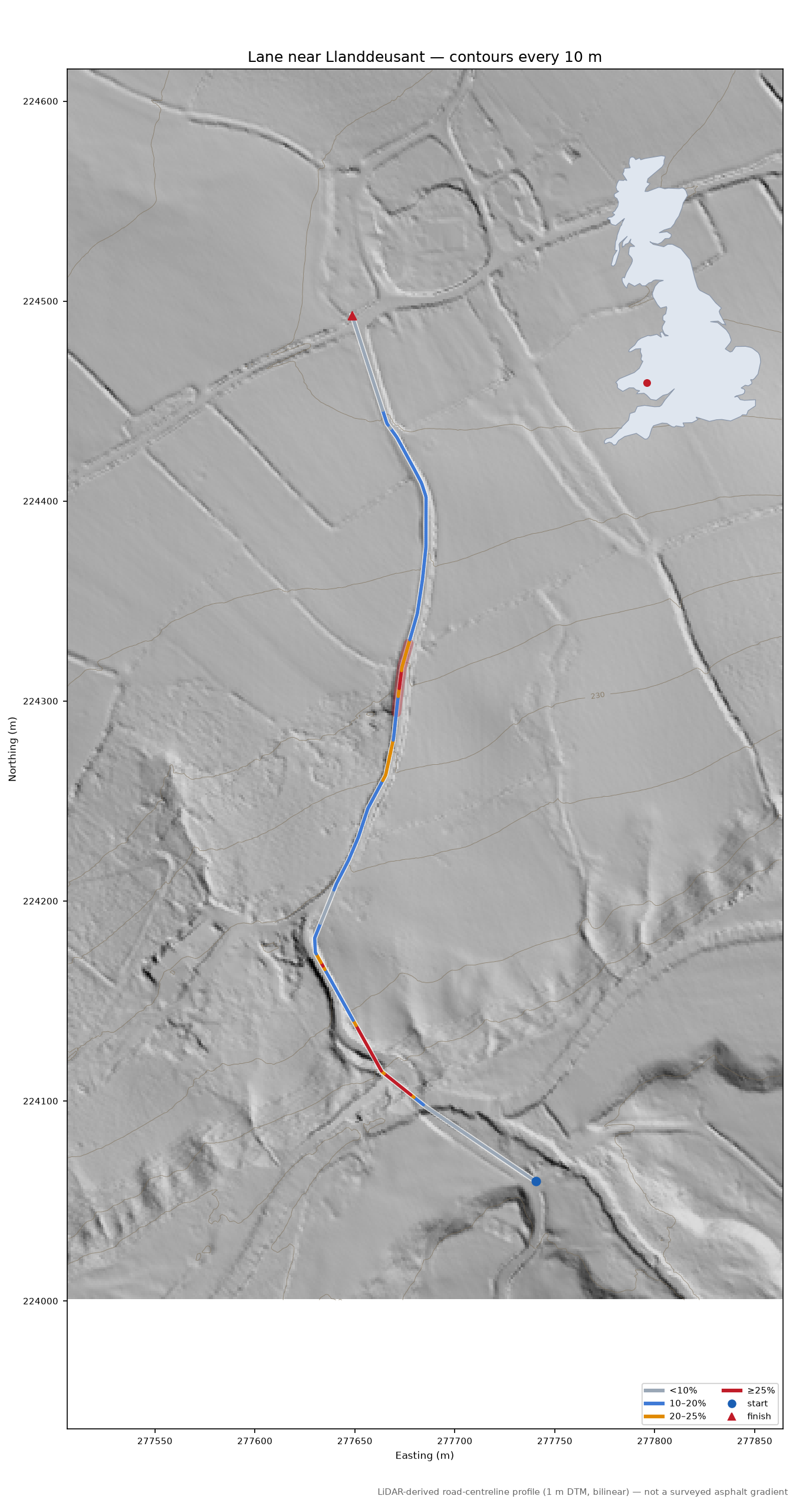 Lane near Llanddeusant LiDAR hillshade map with contours