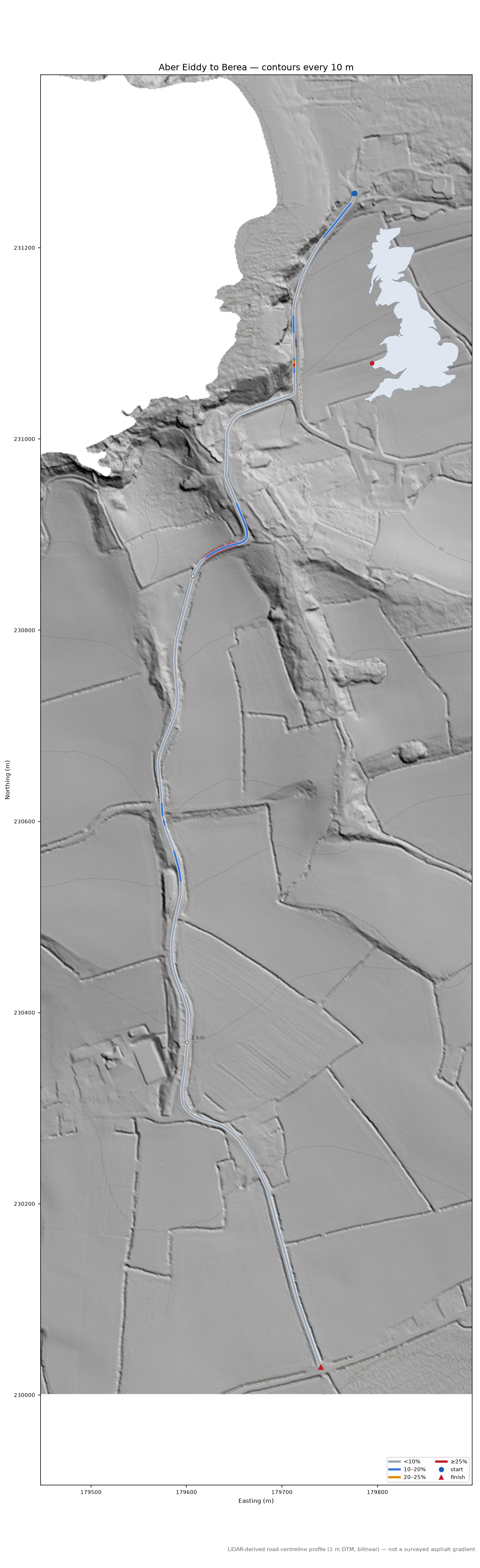 Aber Eiddy to Berea LiDAR hillshade map with contours