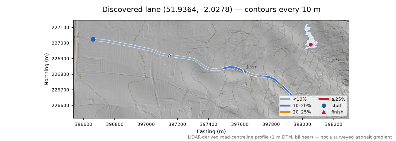 Discovered lane (51.9364, -2.0278) LiDAR hillshade map with contours