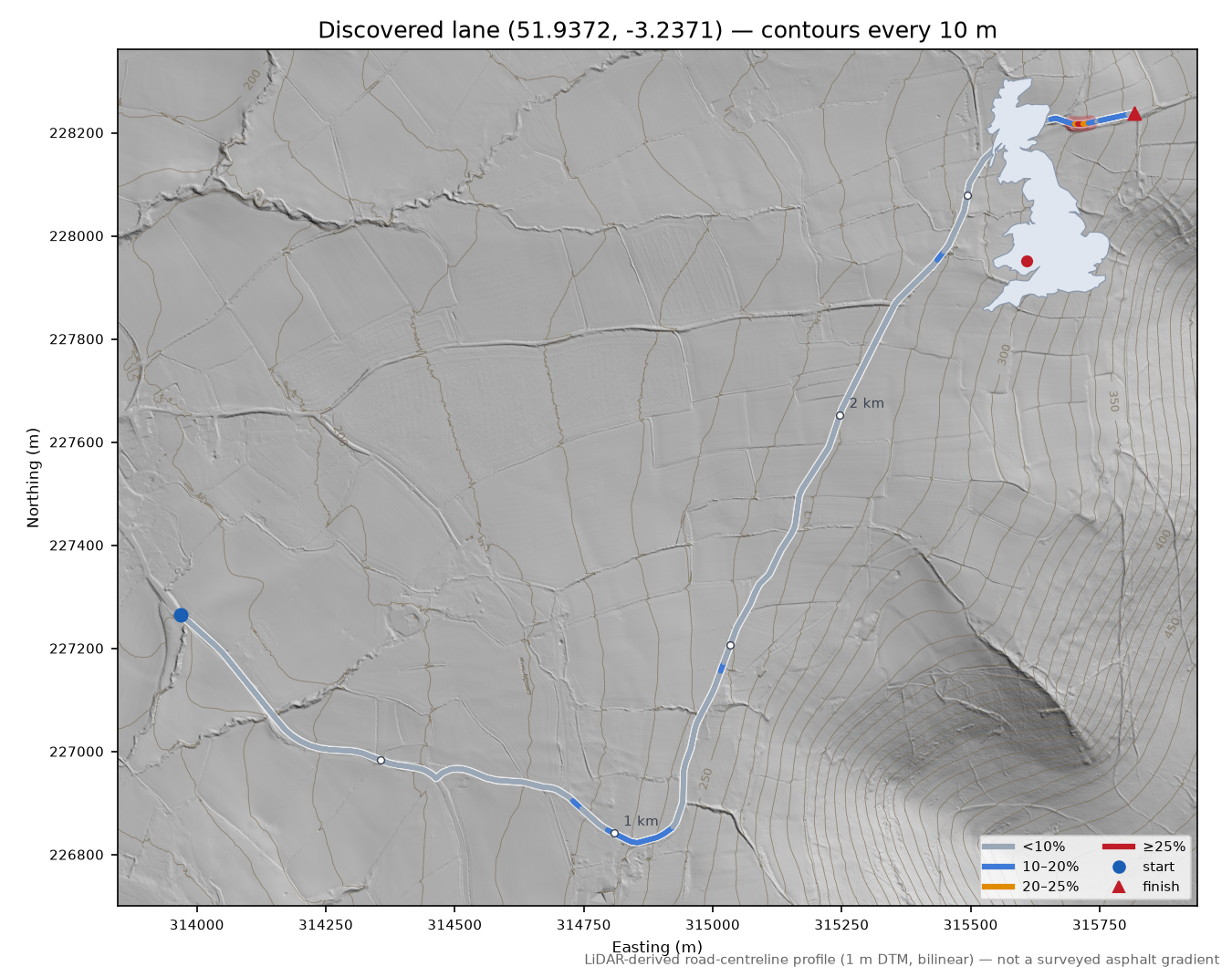 Discovered lane (51.9372, -3.2371) LiDAR hillshade map with contours