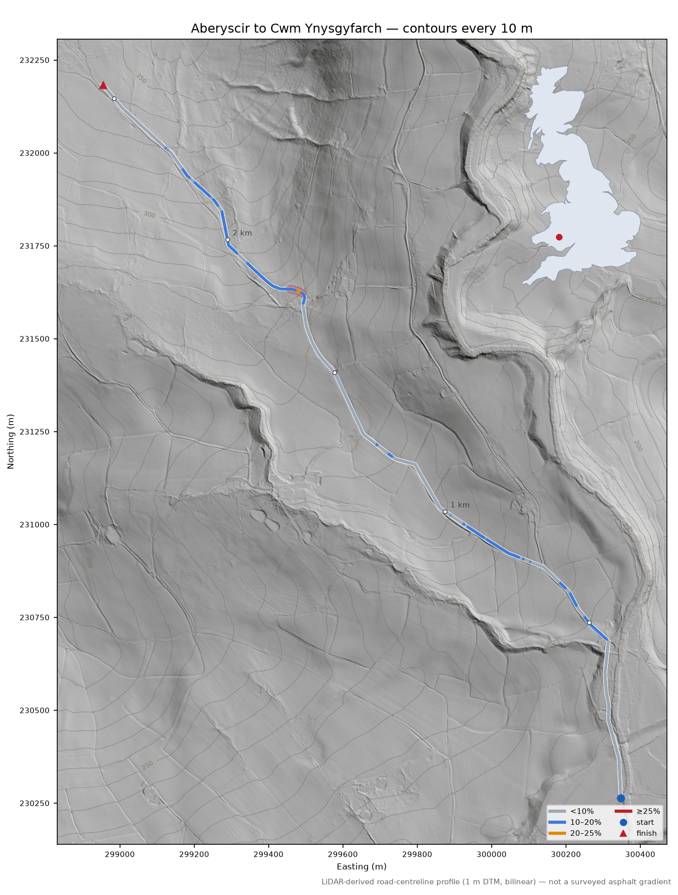 Aberyscir to Cwm Ynysgyfarch LiDAR hillshade map with contours
