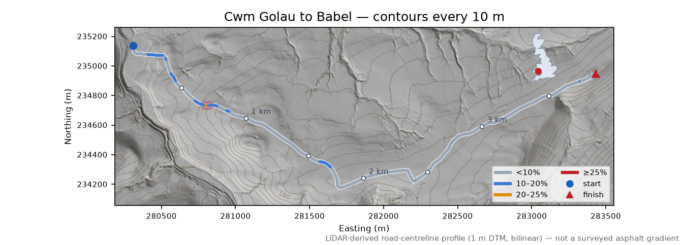 Cwm Golau to Babel LiDAR hillshade map with contours