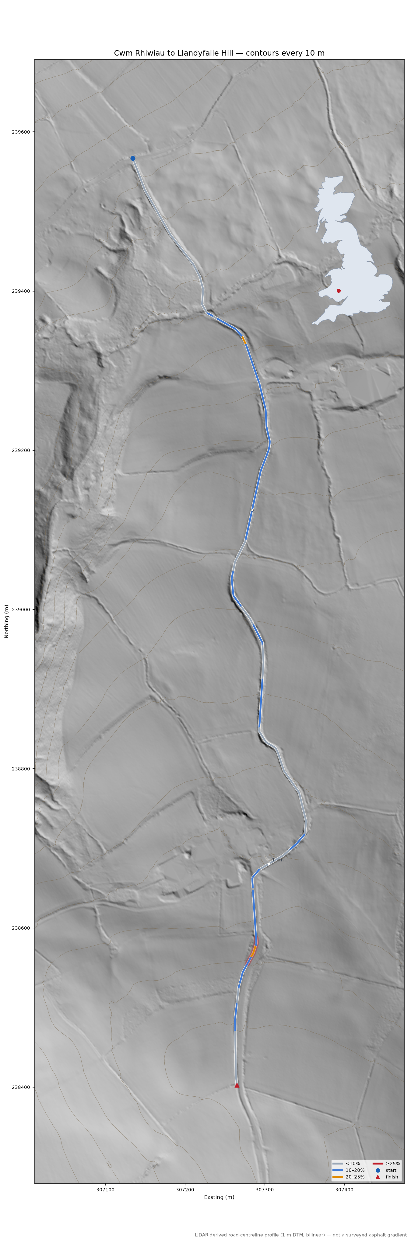 Cwm Rhiwiau to Llandyfalle Hill LiDAR hillshade map with contours