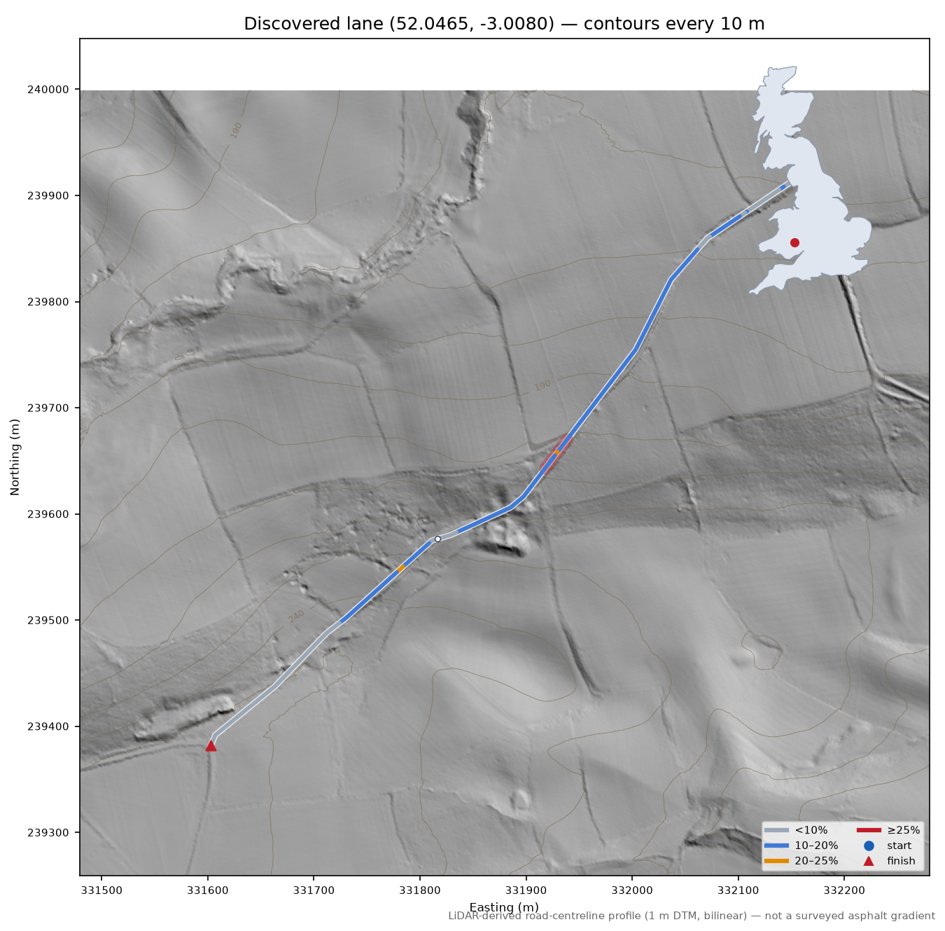 Discovered lane (52.0465, -3.0080) LiDAR hillshade map with contours