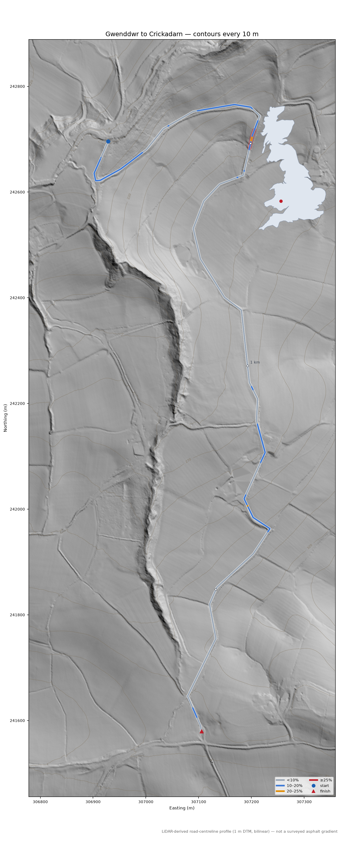 Gwenddwr to Crickadarn LiDAR hillshade map with contours