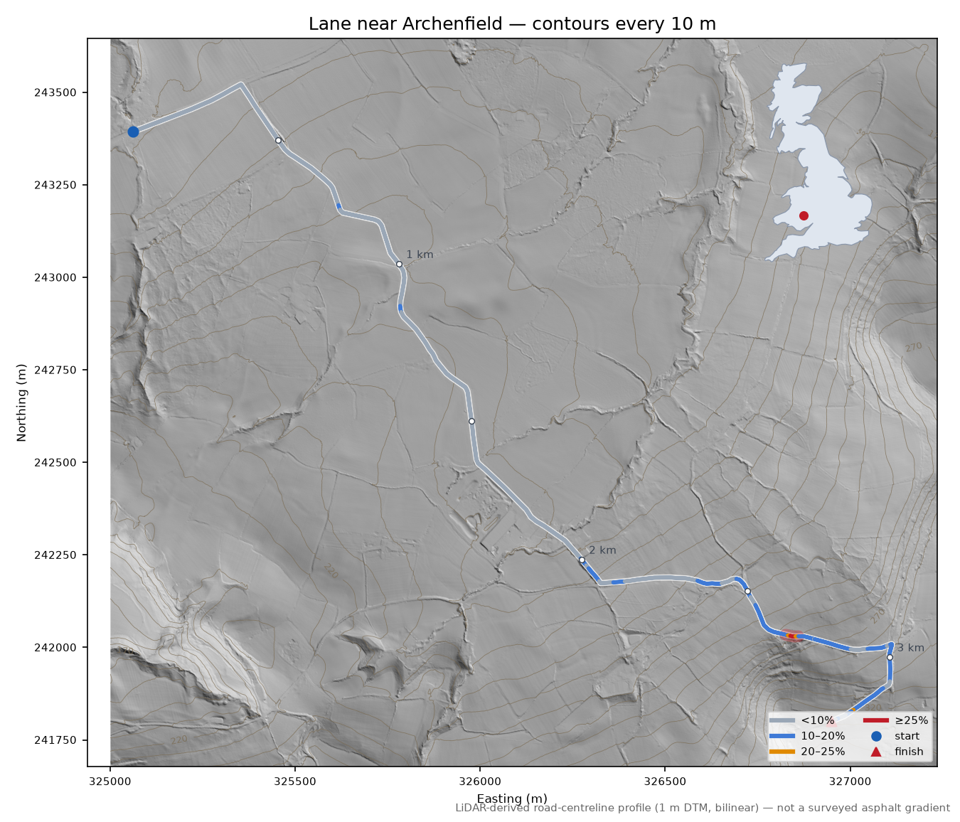 Lane near Archenfield LiDAR hillshade map with contours