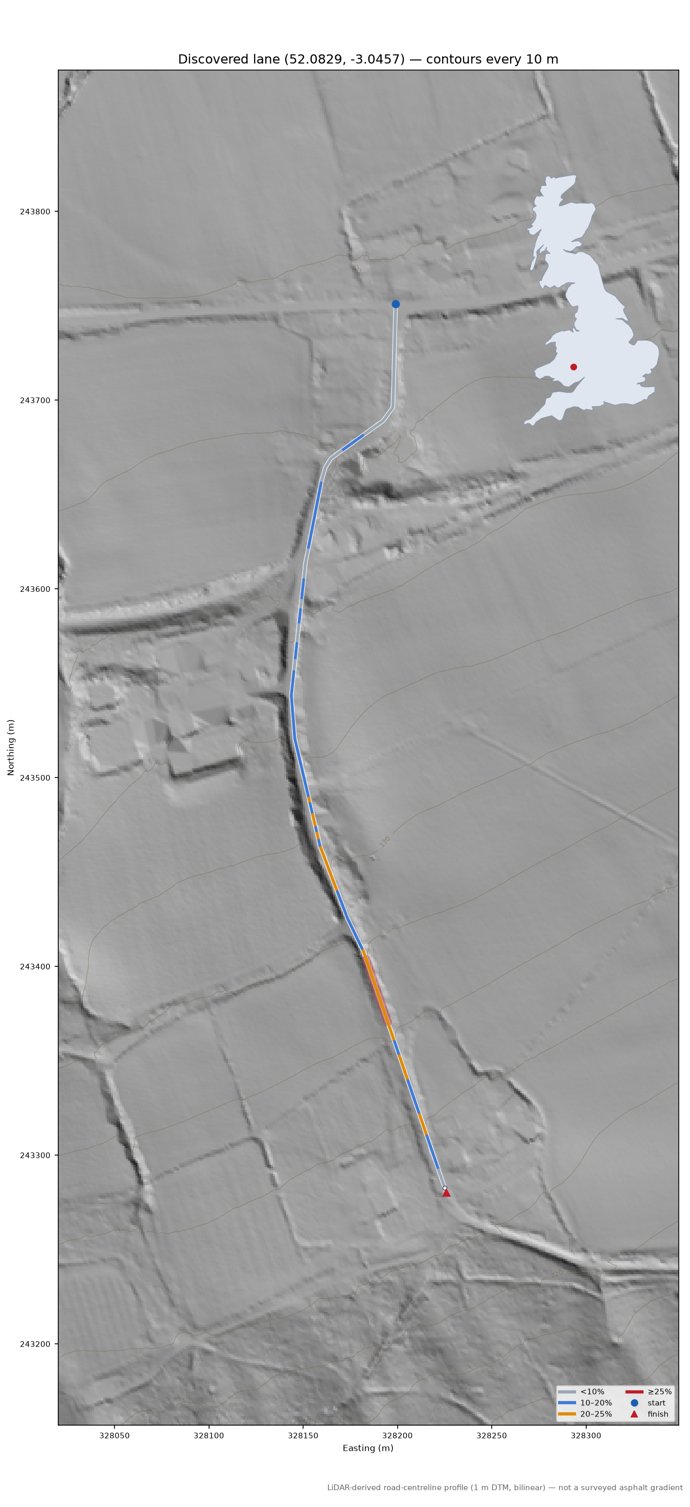 Discovered lane (52.0829, -3.0457) LiDAR hillshade map with contours