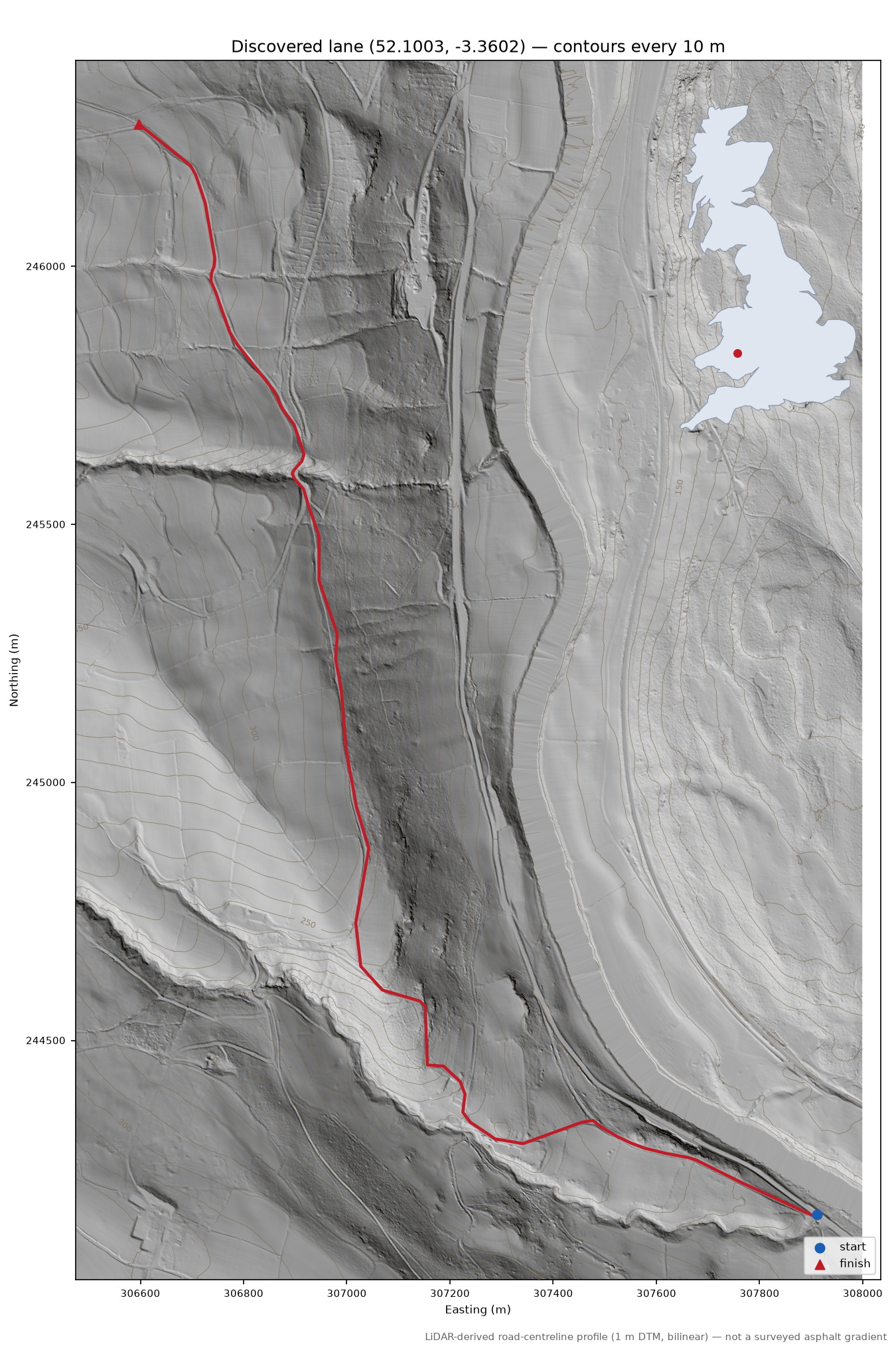 Discovered lane (52.1003, -3.3602) LiDAR hillshade map with contours