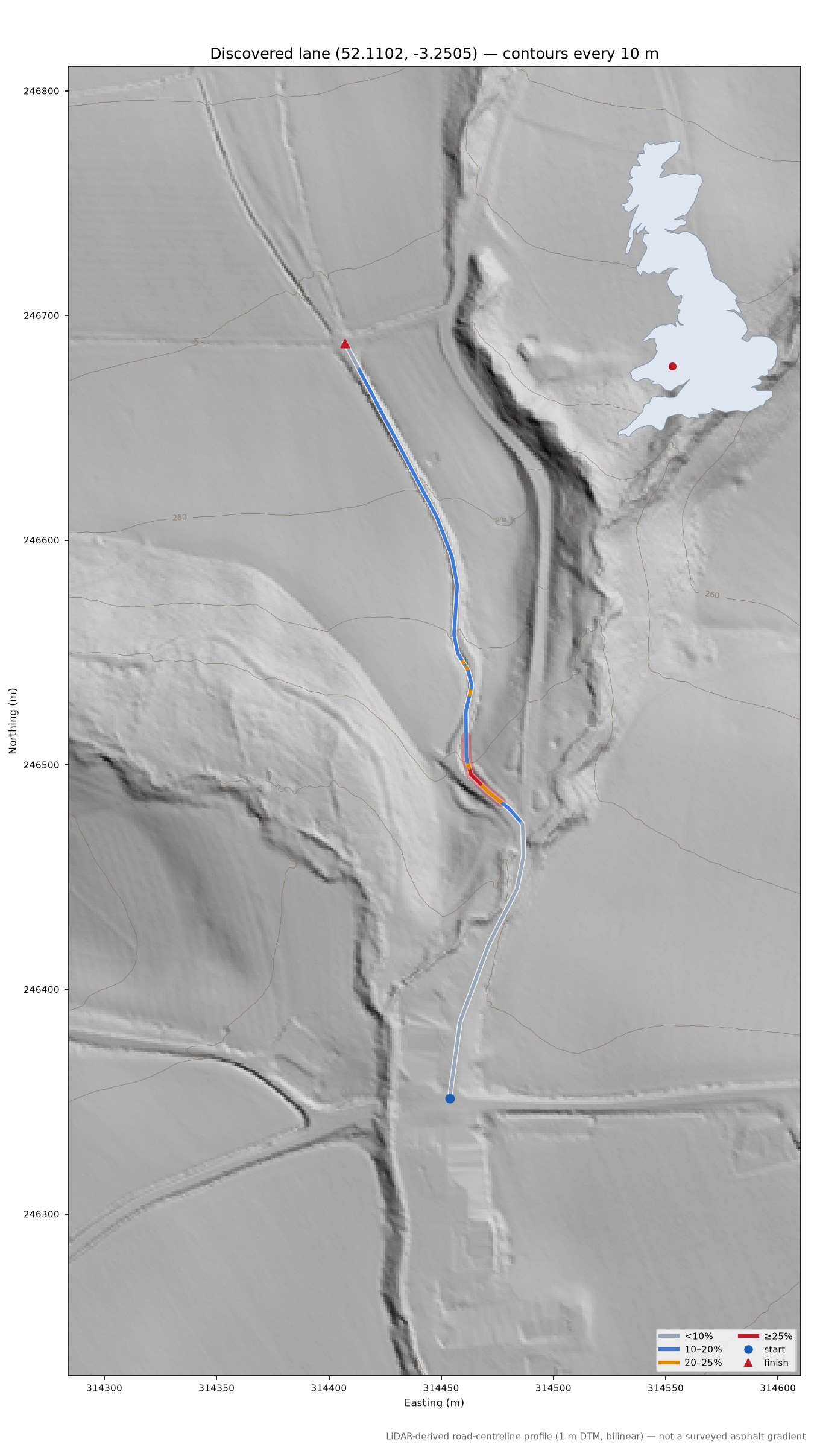 Discovered lane (52.1102, -3.2505) LiDAR hillshade map with contours