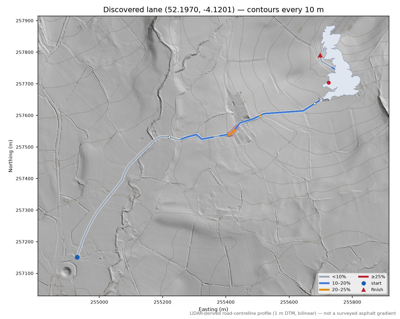 Discovered lane (52.1970, -4.1201) LiDAR hillshade map with contours