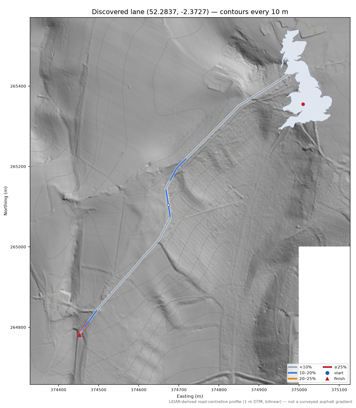 Discovered lane (52.2837, -2.3727) LiDAR hillshade map with contours