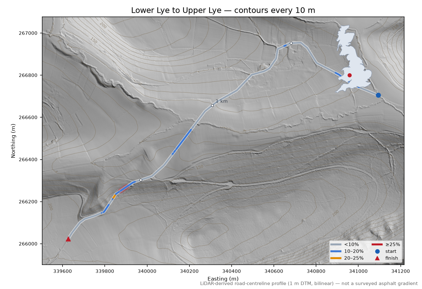 Lower Lye to Upper Lye LiDAR hillshade map with contours