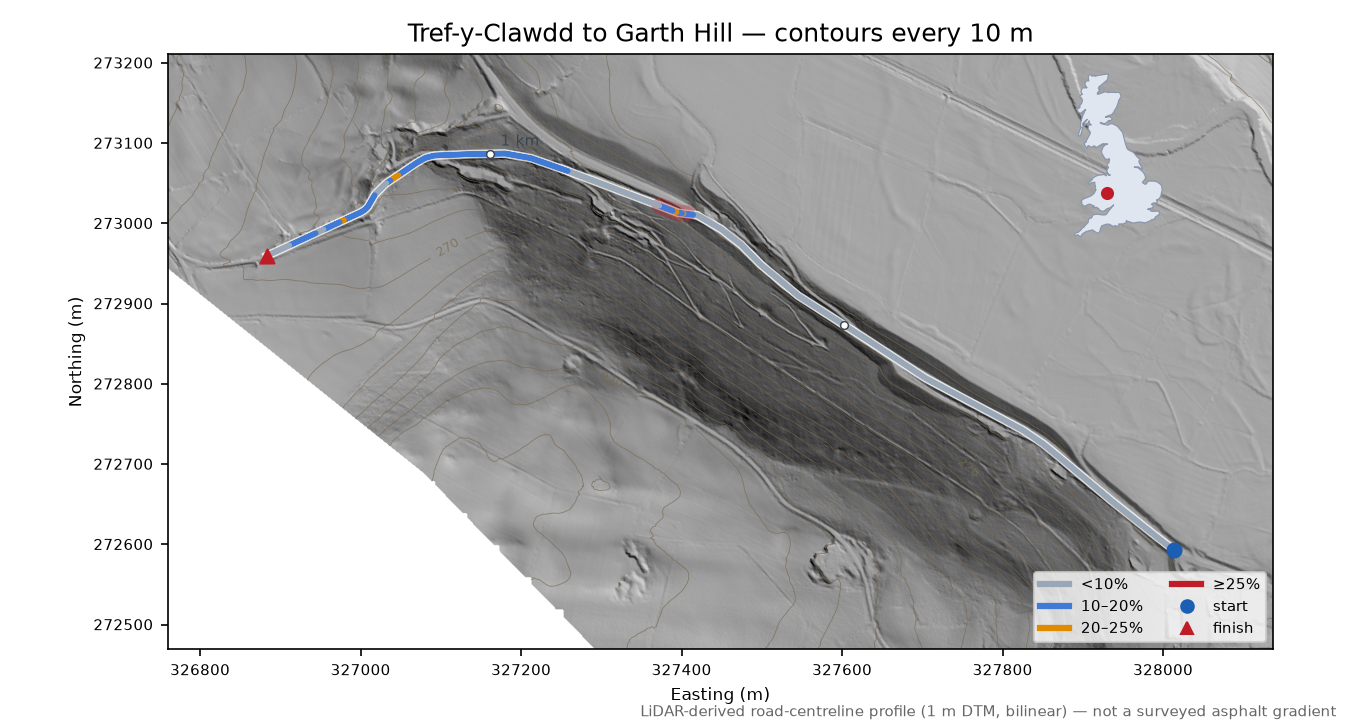 Tref-y-Clawdd to Garth Hill LiDAR hillshade map with contours