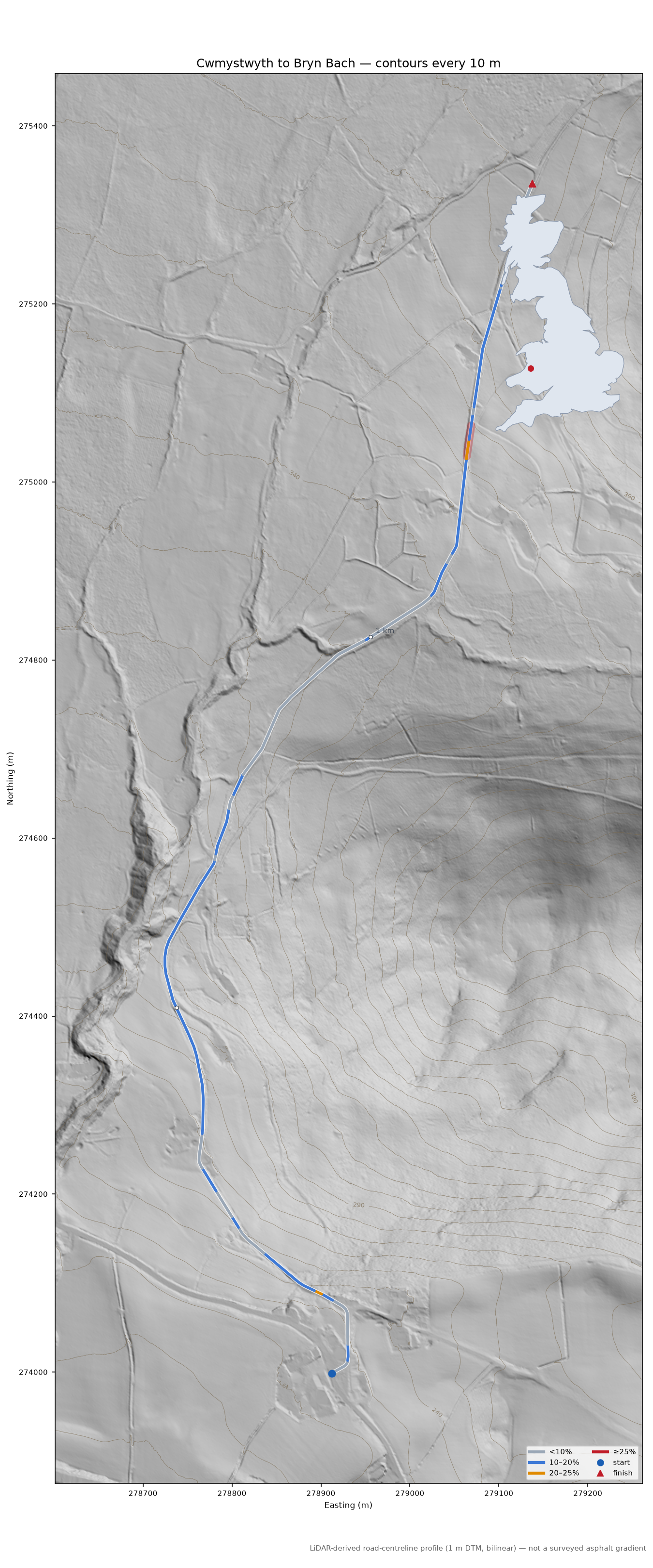 Cwmystwyth to Bryn Bach LiDAR hillshade map with contours