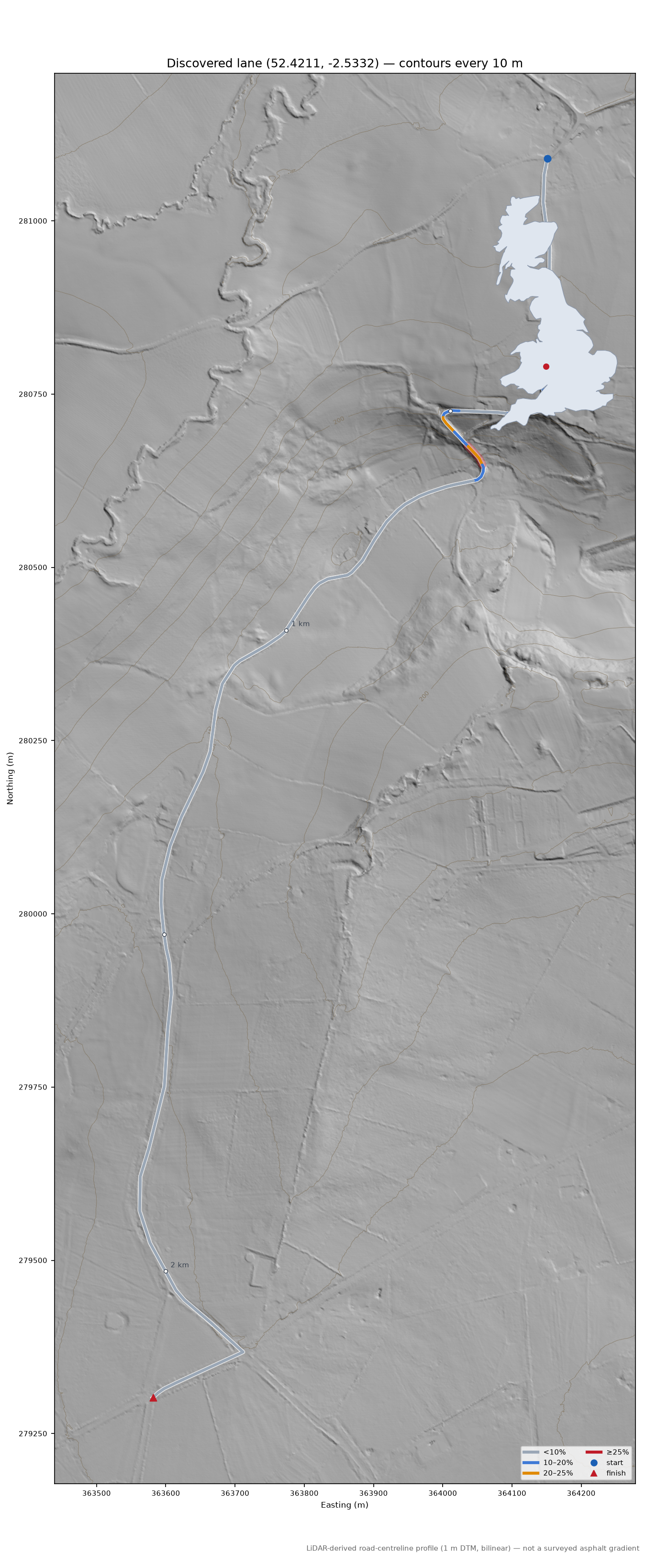 Discovered lane (52.4211, -2.5332) LiDAR hillshade map with contours
