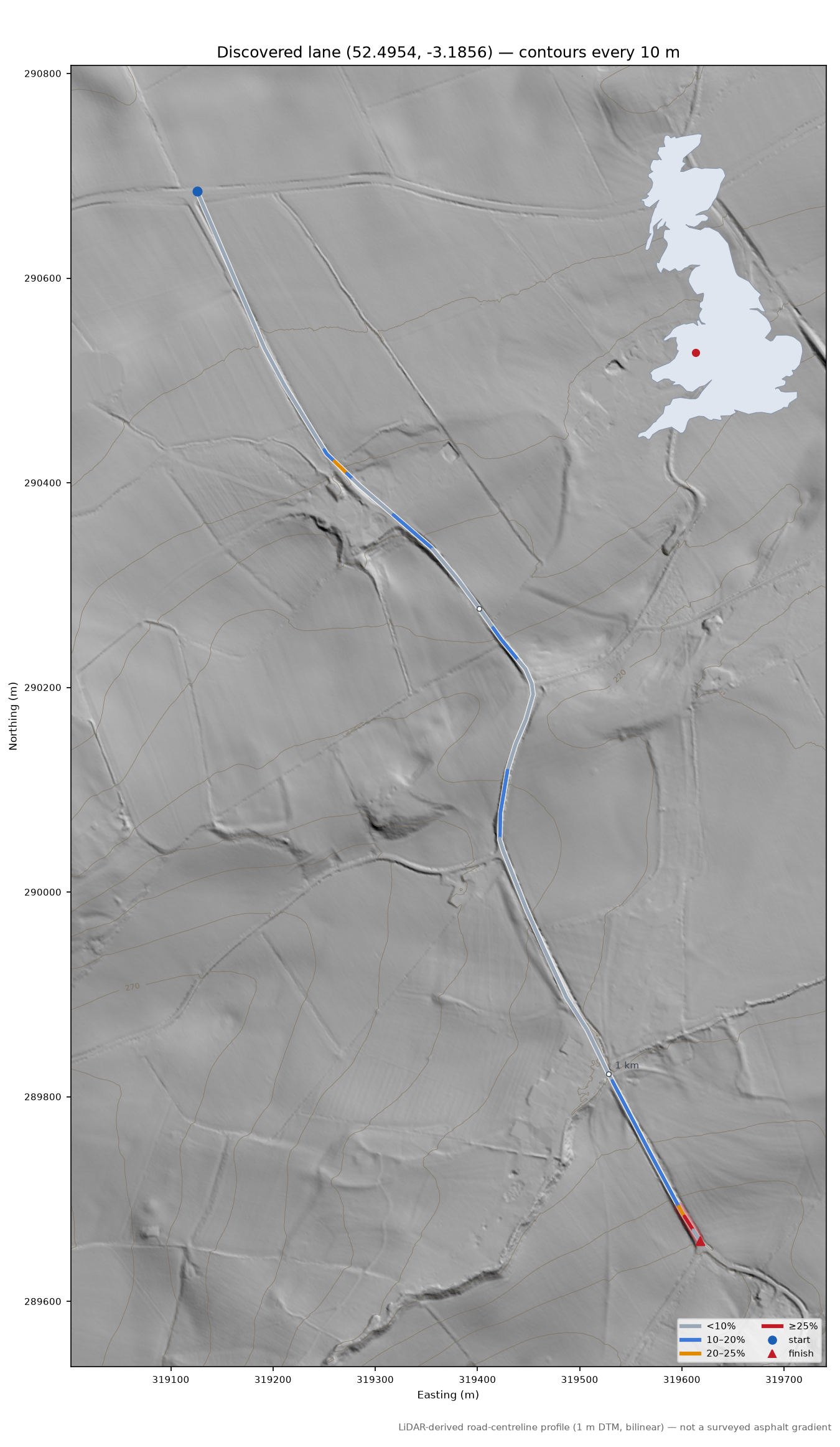 Discovered lane (52.4954, -3.1856) LiDAR hillshade map with contours