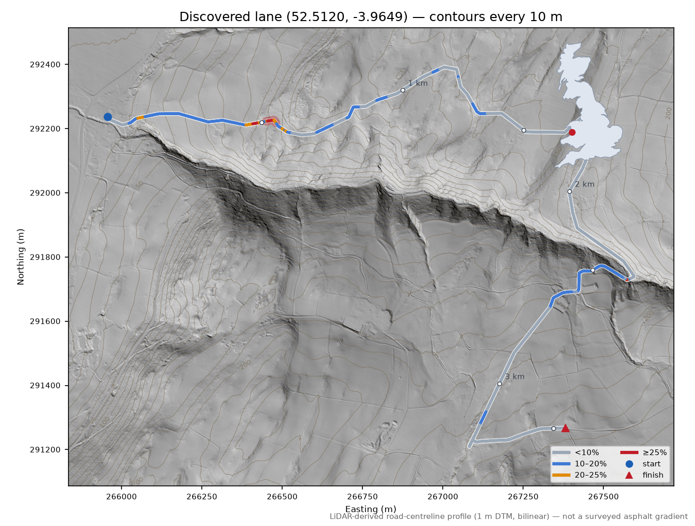 Discovered lane (52.5120, -3.9649) LiDAR hillshade map with contours