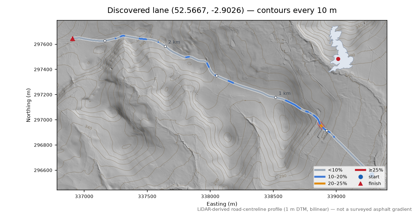Discovered lane (52.5667, -2.9026) LiDAR hillshade map with contours