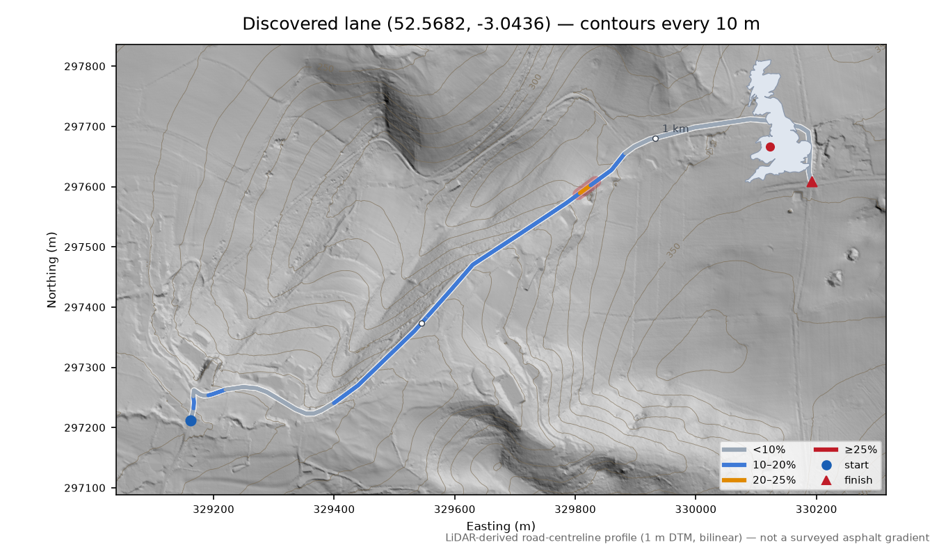 Discovered lane (52.5682, -3.0436) LiDAR hillshade map with contours
