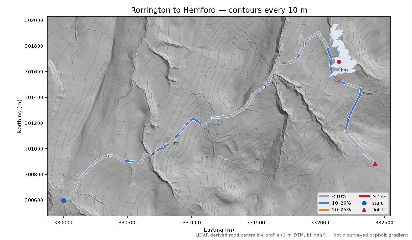 Rorrington to Hemford LiDAR hillshade map with contours