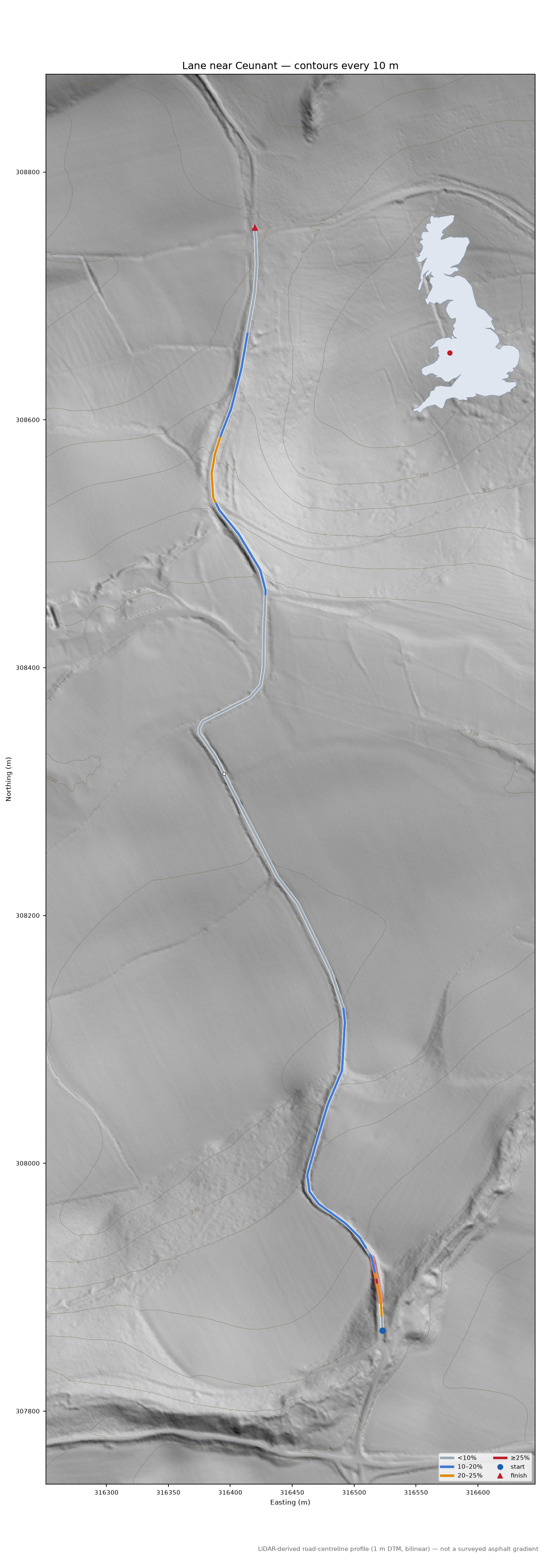 Lane near Ceunant LiDAR hillshade map with contours