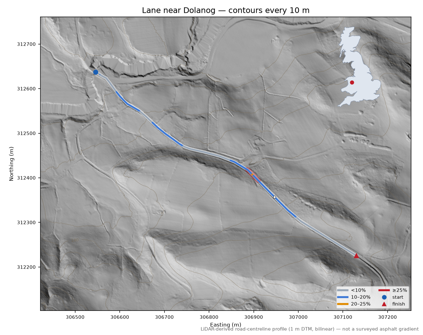 Lane near Dolanog LiDAR hillshade map with contours