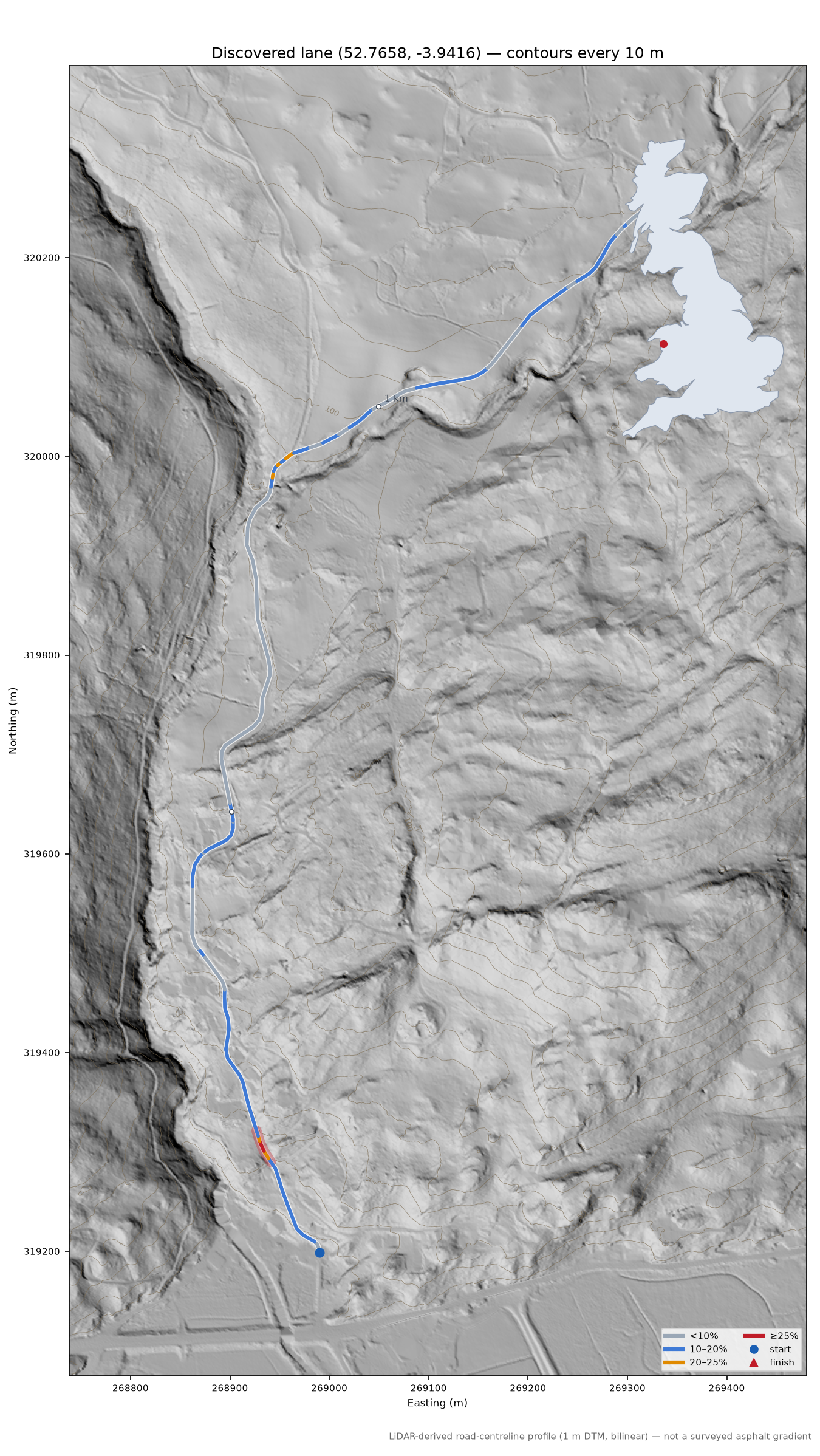 Discovered lane (52.7658, -3.9416) LiDAR hillshade map with contours
